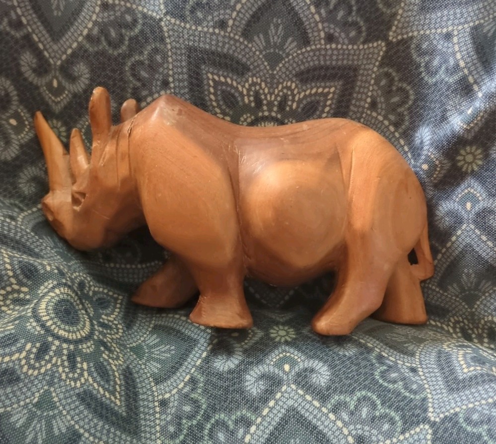 Vintage HandCarved Wooden Rhino Figurine Made in Kenya African Wood Folk Art MCM
