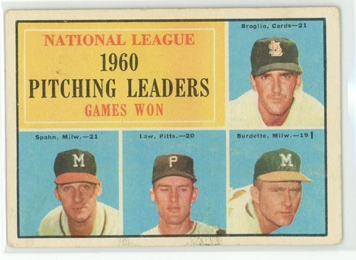 1961 Topps #47 NL Pitching Leaders Warren Spahn HOF Vern Law Vintage VG/EX 1961 Topps #47 NL Pitching Leaders Warren Spahn HOF Vern Law Vintage VG/EX