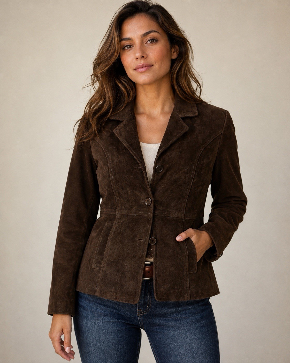 Women’s Genuine Suede Leather Jacket Brown Size M Blazer Western 