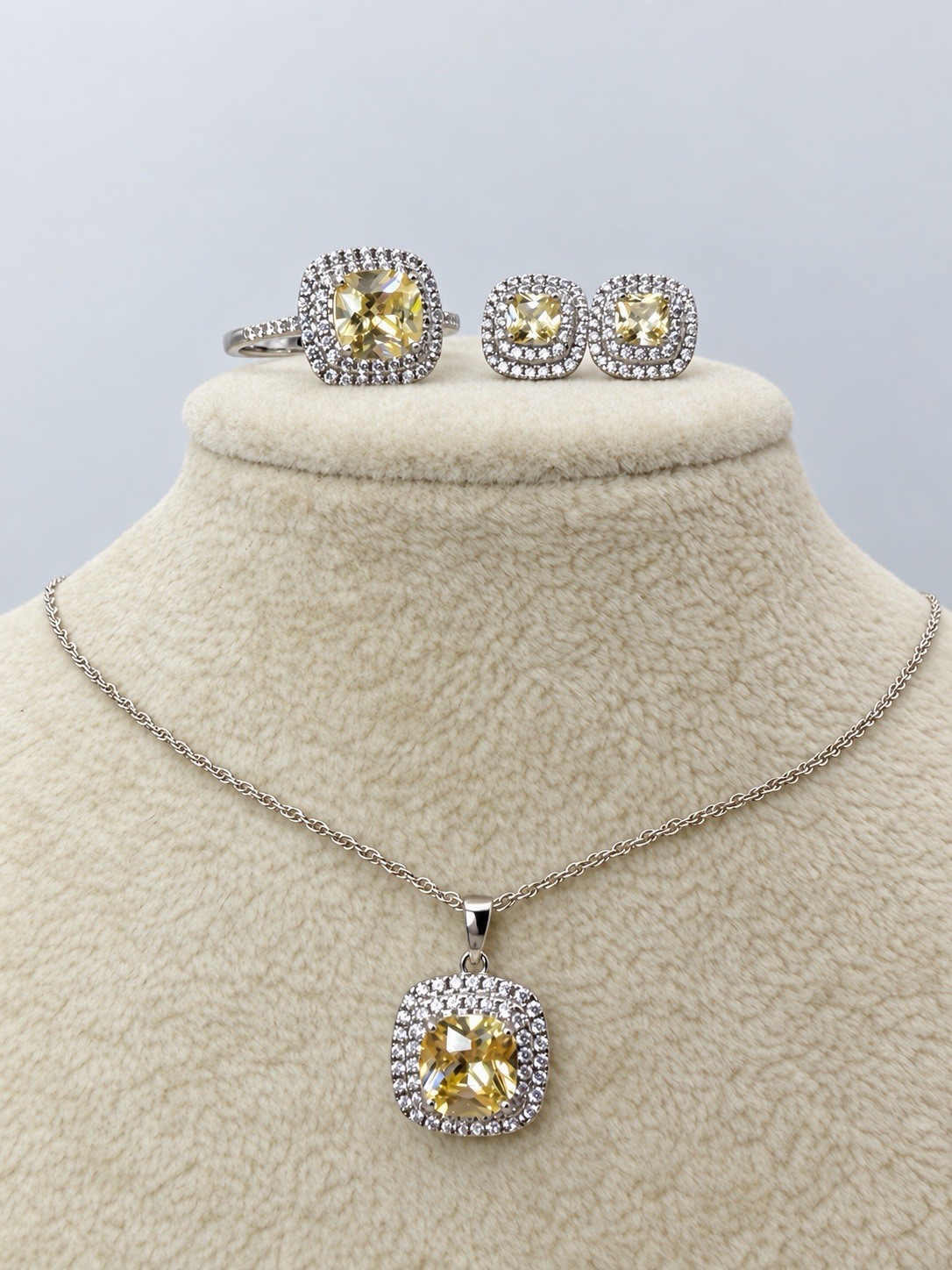 Vintage 925 Sterling Silver Signed Canary Yellow Cushion CZ Jewelry Set