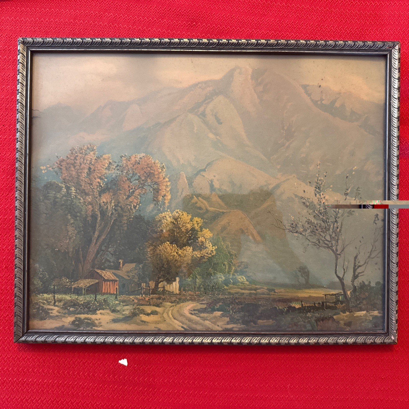Vintage Framed Lithograph Art Print 1920s Mountain Cabin Landscape Cottagecore