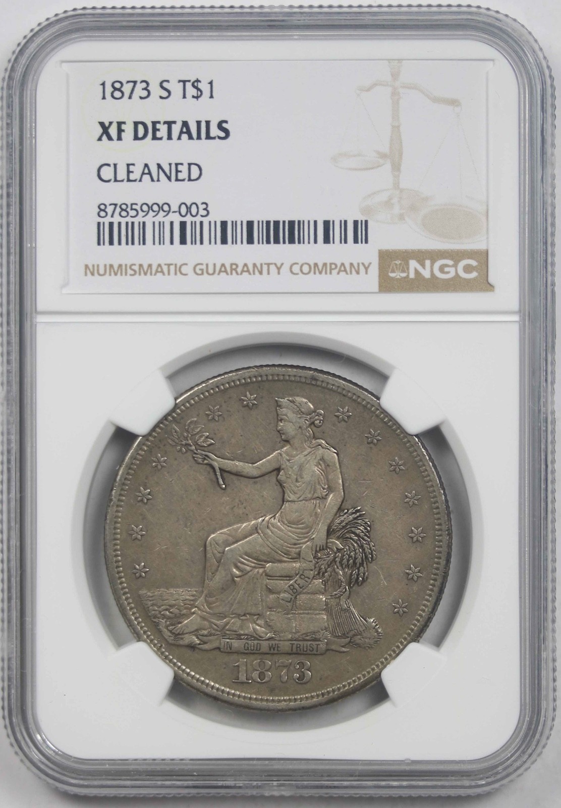 1873-S T$1 XF Details (Cleaned) Trade Silver Dollar