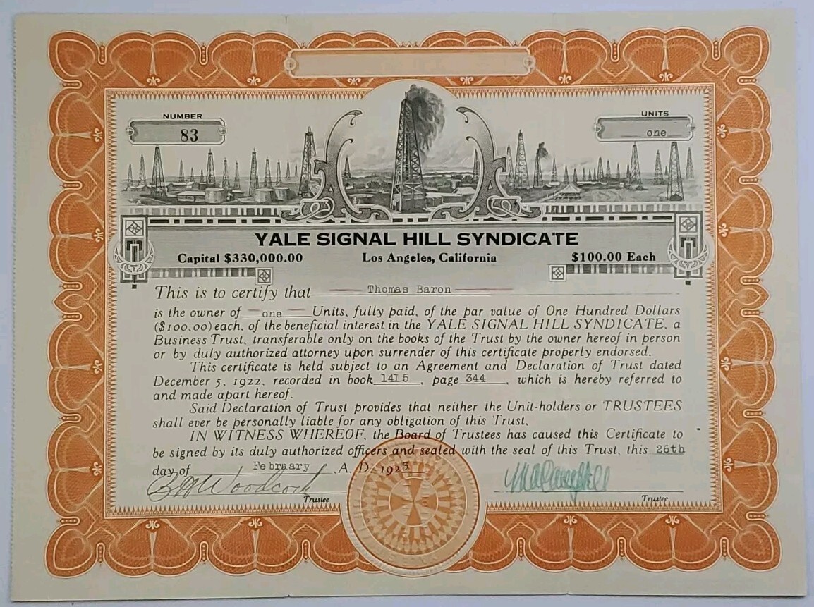 1923 Los Angeles, CA Yale Signal Hill Syndicate Stock Certificate #83