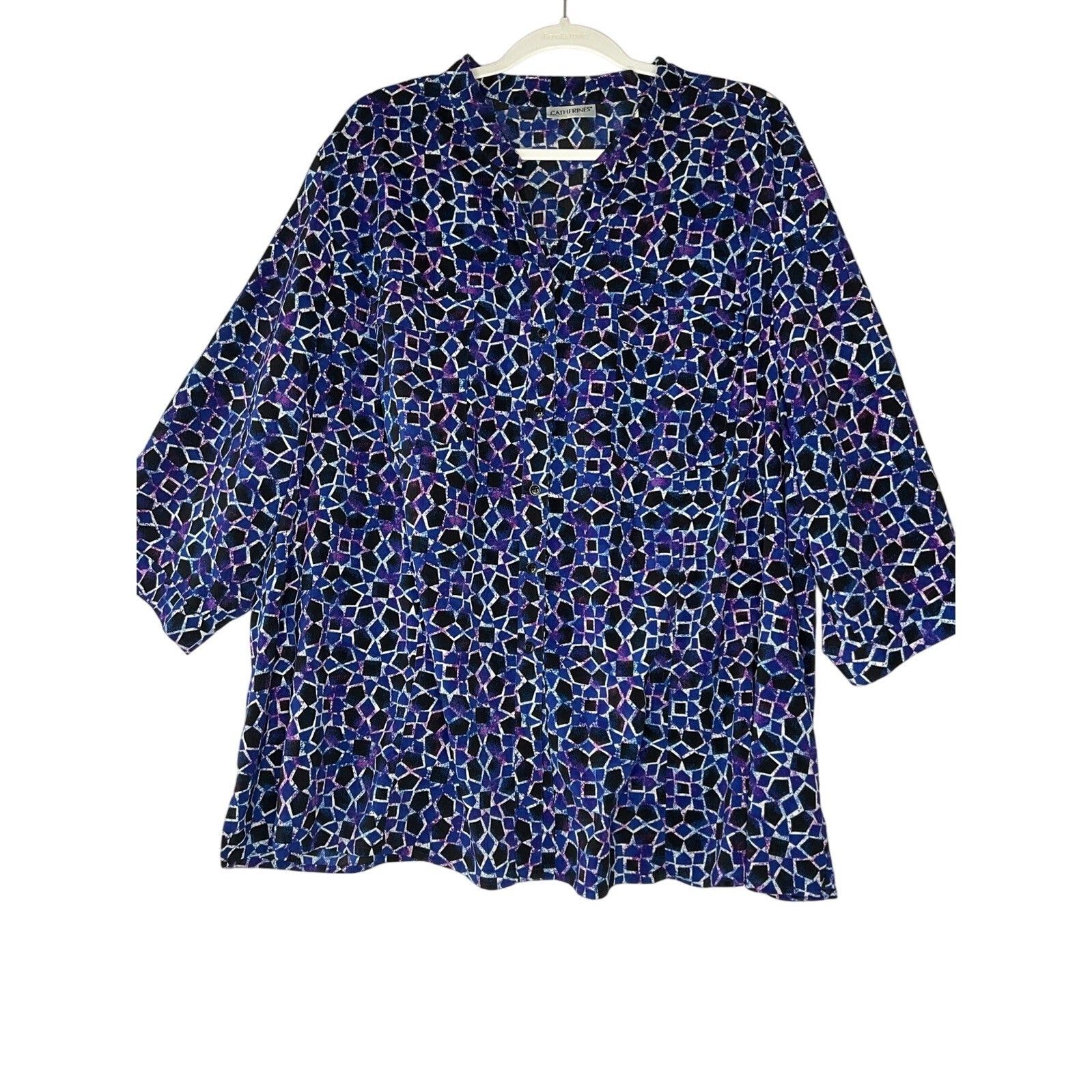 Catherines Blue Purple Floral Long Sleeve Button Front Blouse Chest Pockets 4X