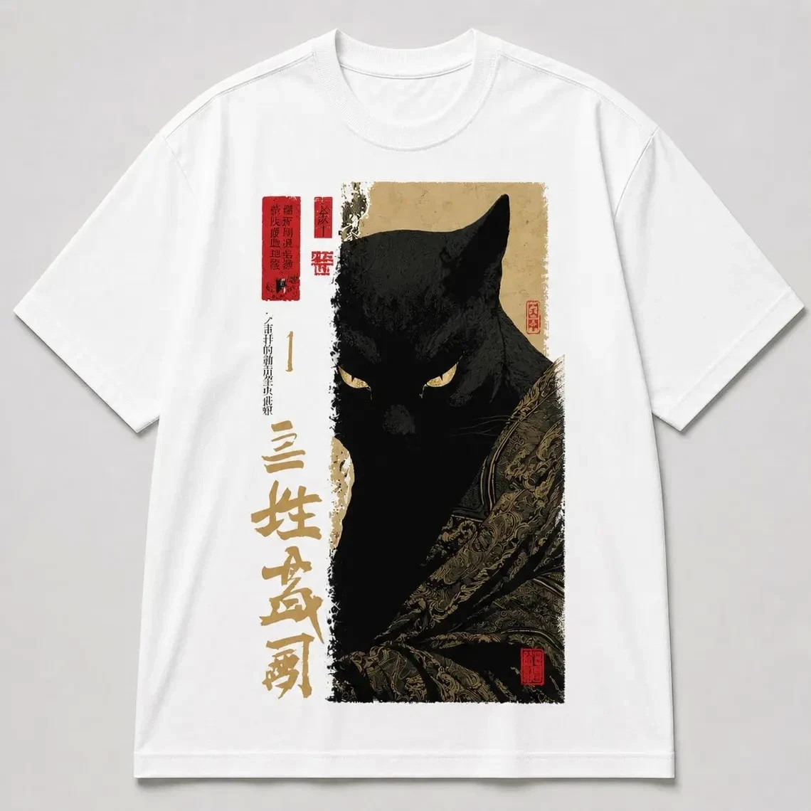 Japanese Samurai Black Cat Vintage Anime Streetwear Cotton T-Shirt