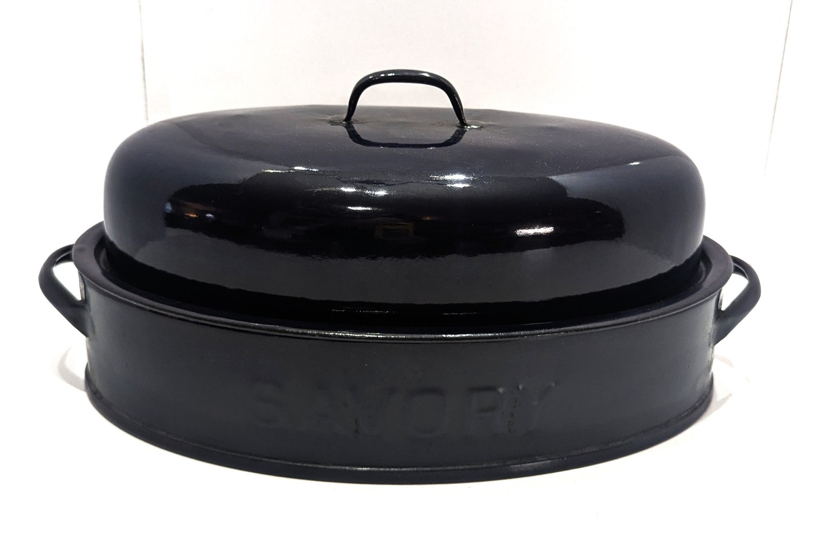 Savory Jr Double Walled Roaster w Lid  Blue Enamel Tiny White Dots 14.5