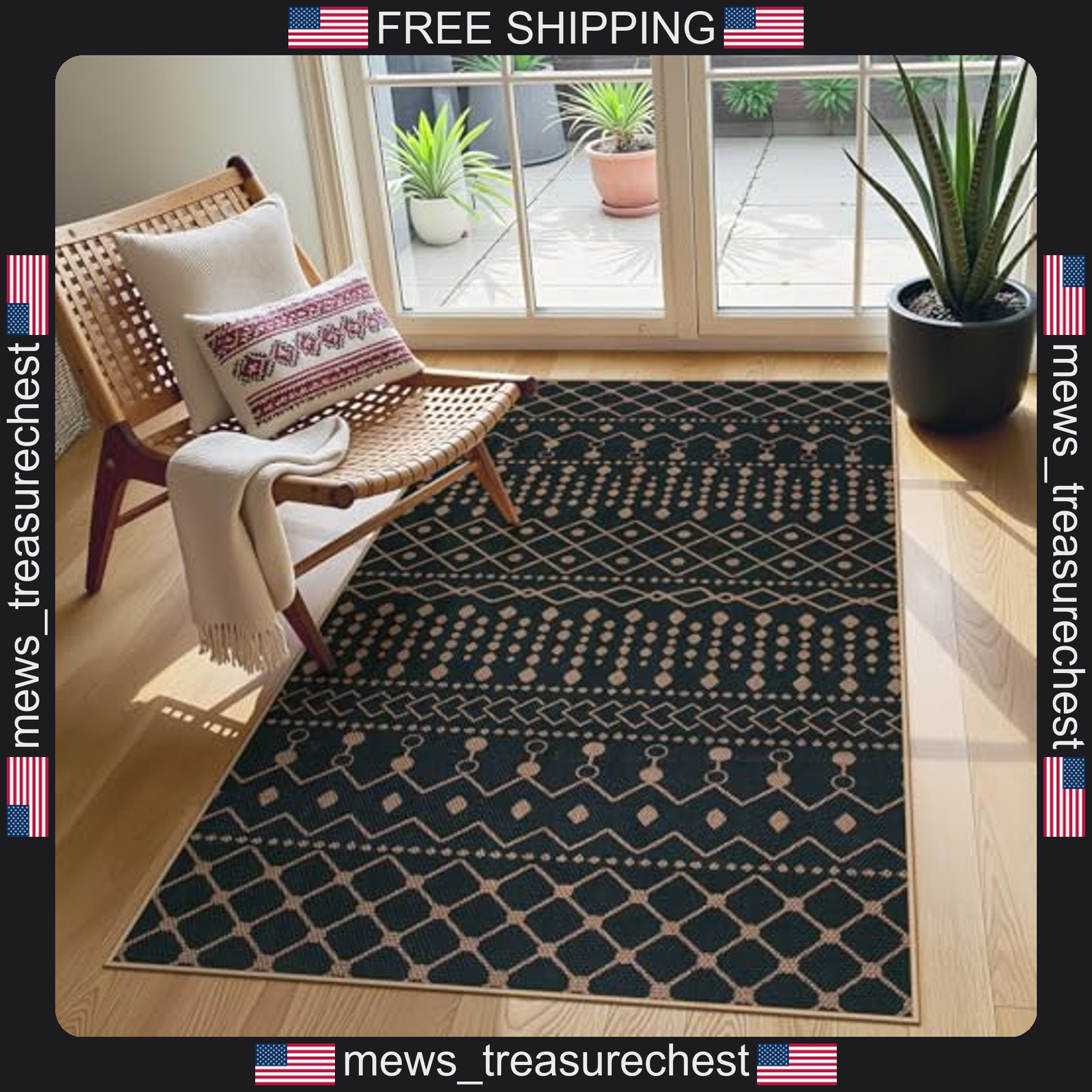 Indoor Outdoor Moroccan Geometric Jute Look Rug, 3x5, Black and White
