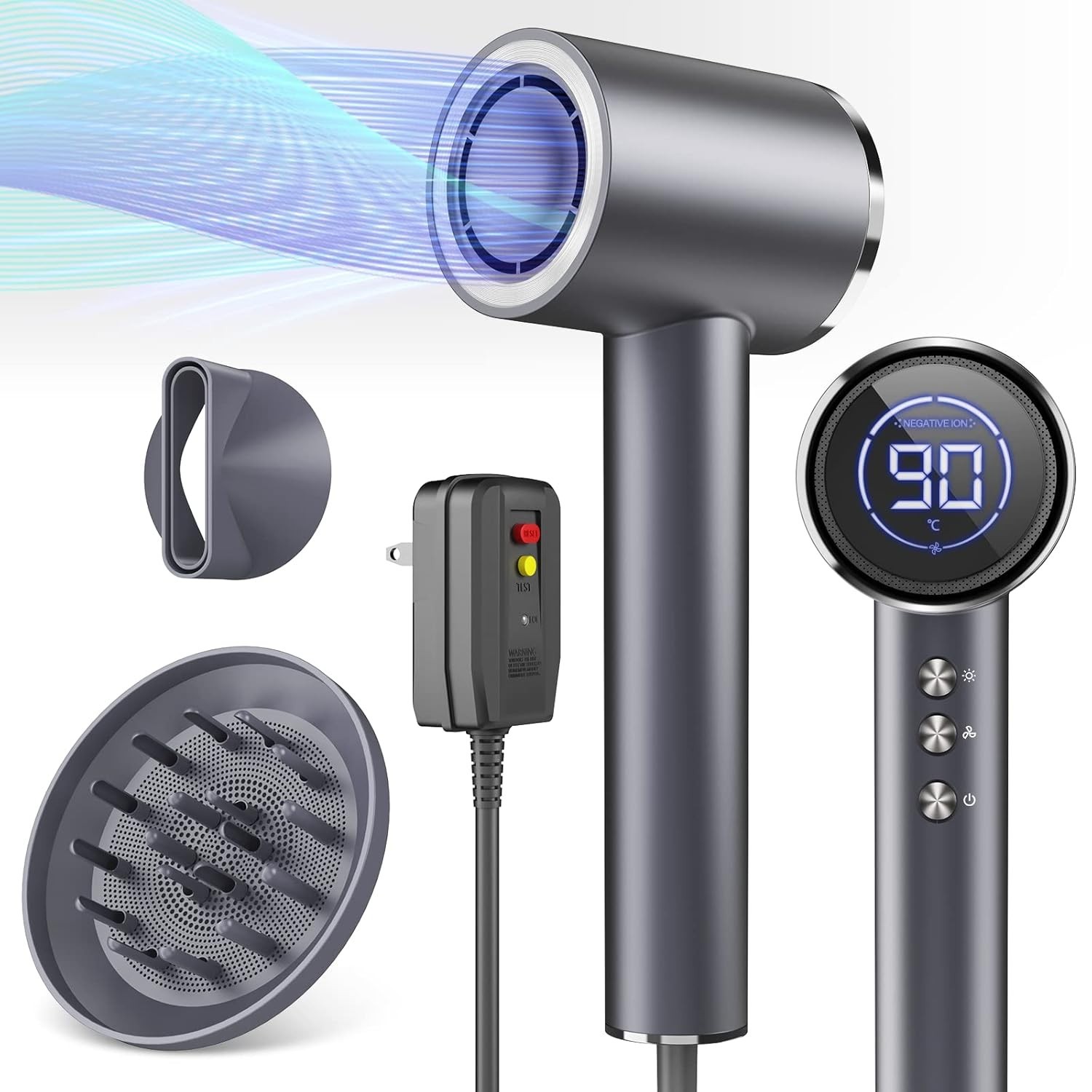 High-Speed Hair Dryer With Diffuser Negative Ions Magnetic Nozzle  LED Display