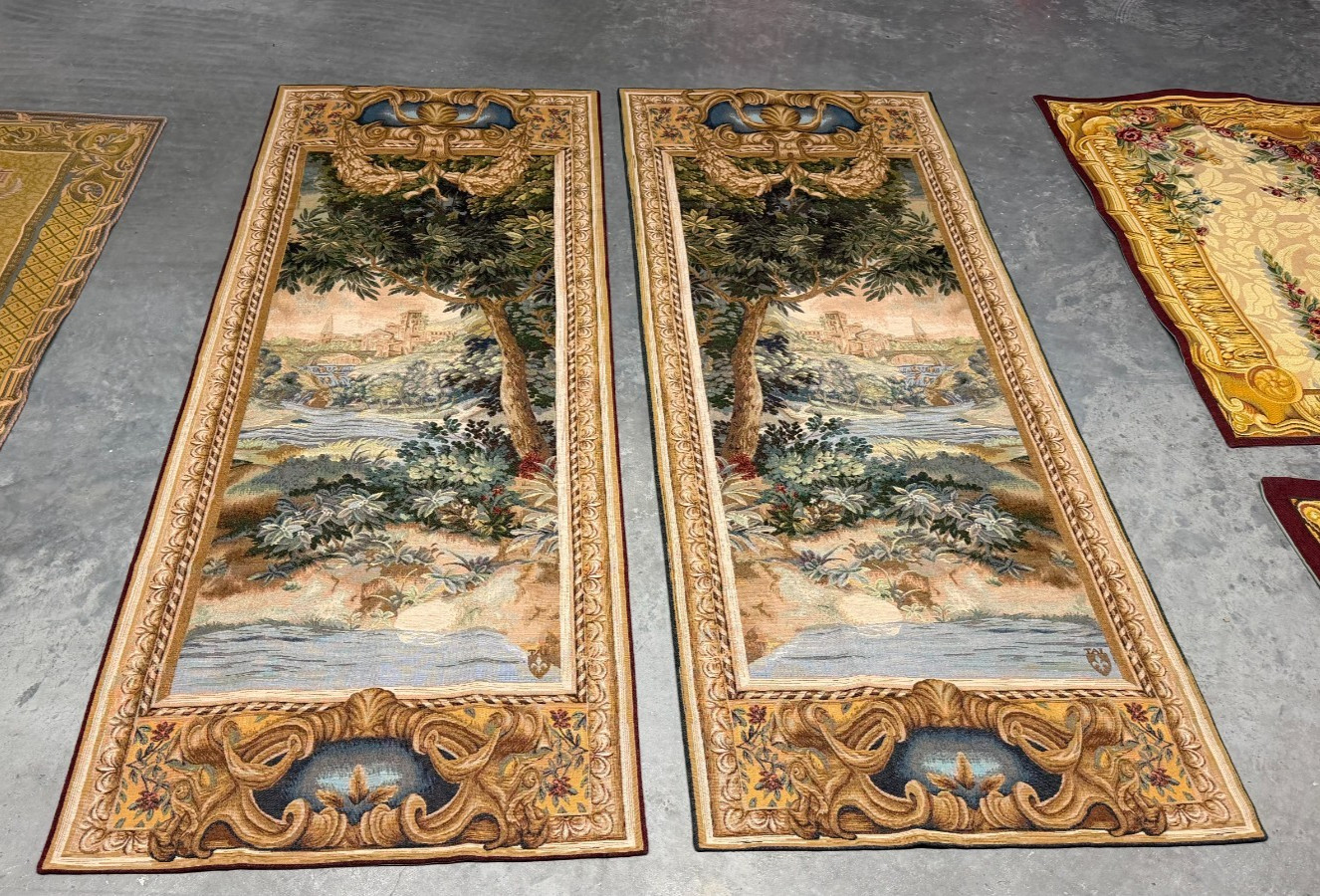 Pair of antique tapestry doorman waterfall greenery old tapestry French
