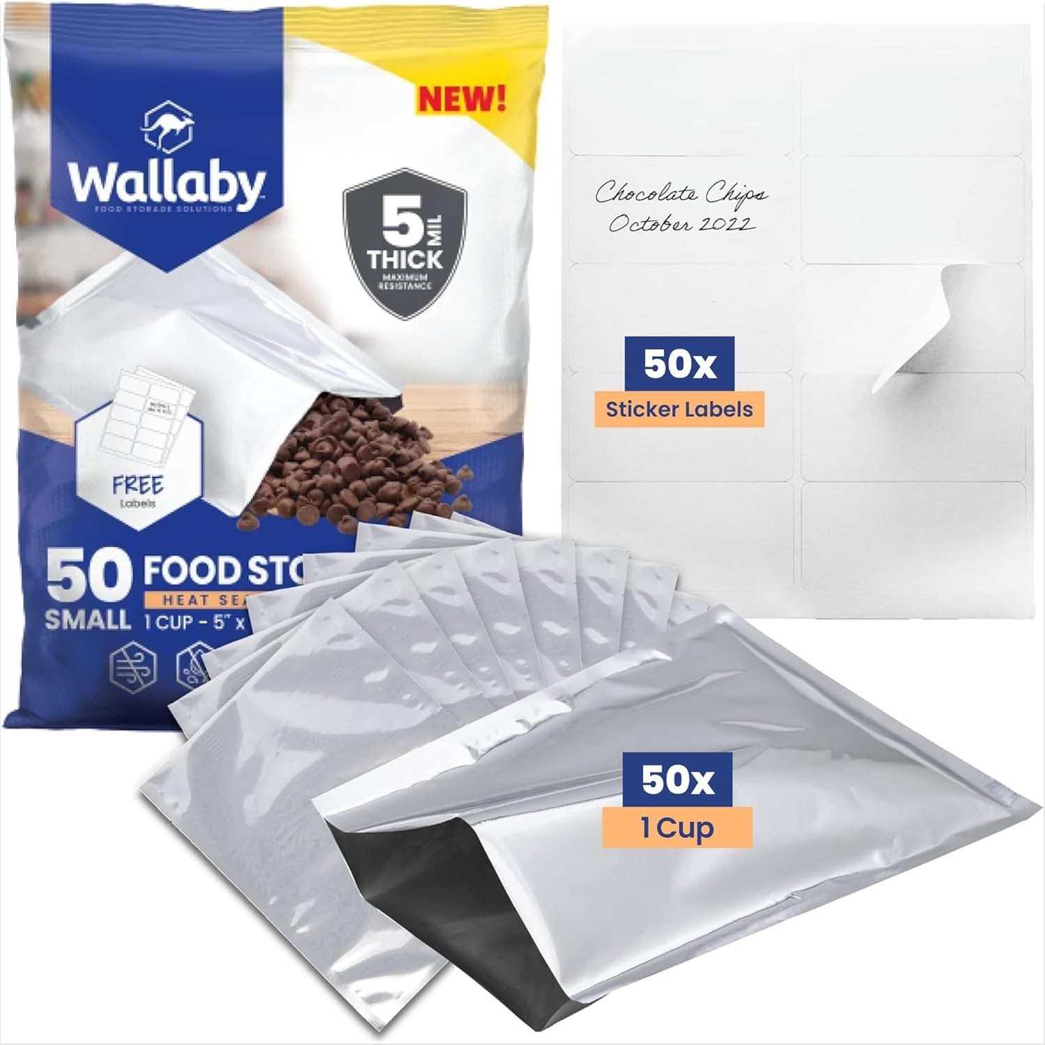 Wallaby 50ct 1 Cup Mylar Bags 10 Mil Heat Seal Food Storage w/ Labels