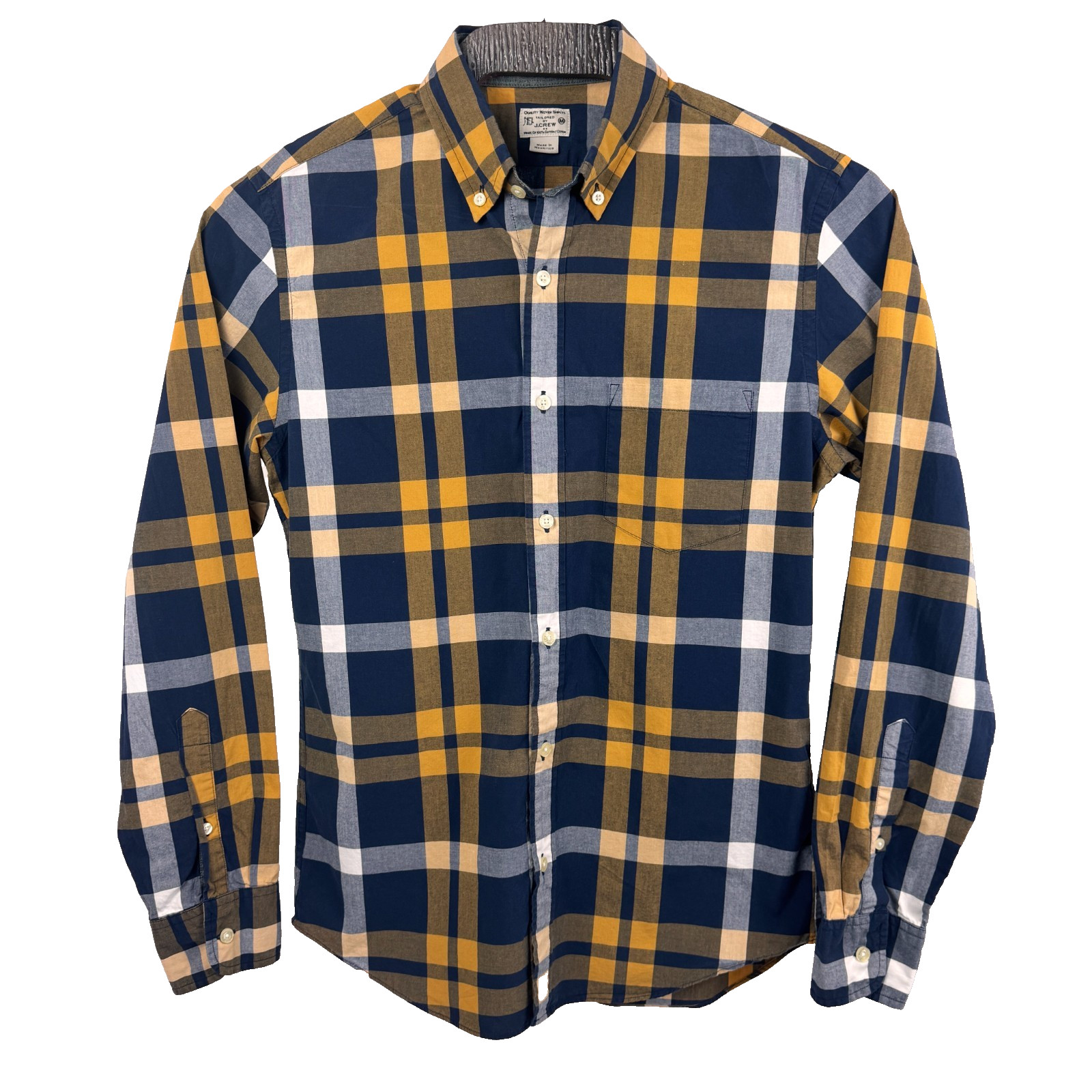 J. Crew Men\'s Slim Fit Button Down Navy/Ocre Plaid M 100% Cotton