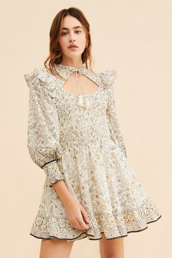 Anthropologie x Cleobella - Bohemian Floral Print Mini Dress with Ruffle, Size L Anthropologie x Cleobella - Bohemian Floral Print Mini Dress with Ruffle, Size L