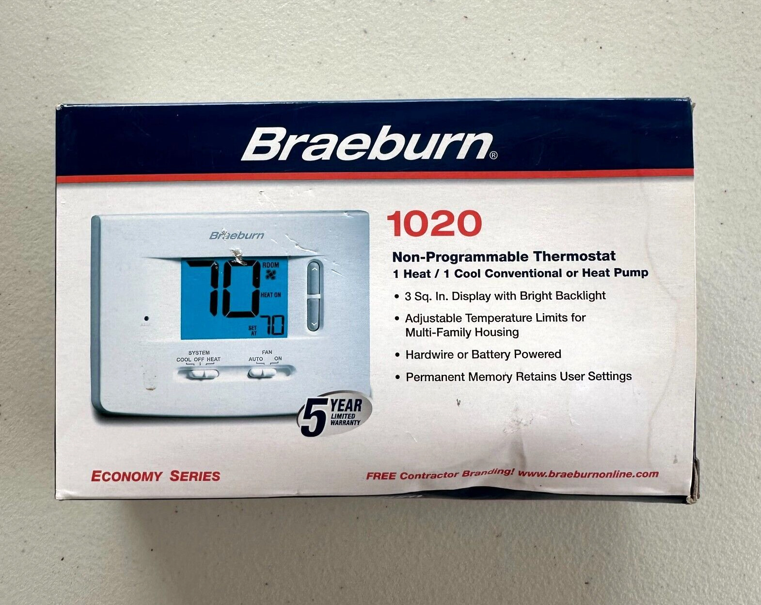 Braeburn Non-Programmable Thermostat 1020, 1 Heat /1  Cool Conventional NEW