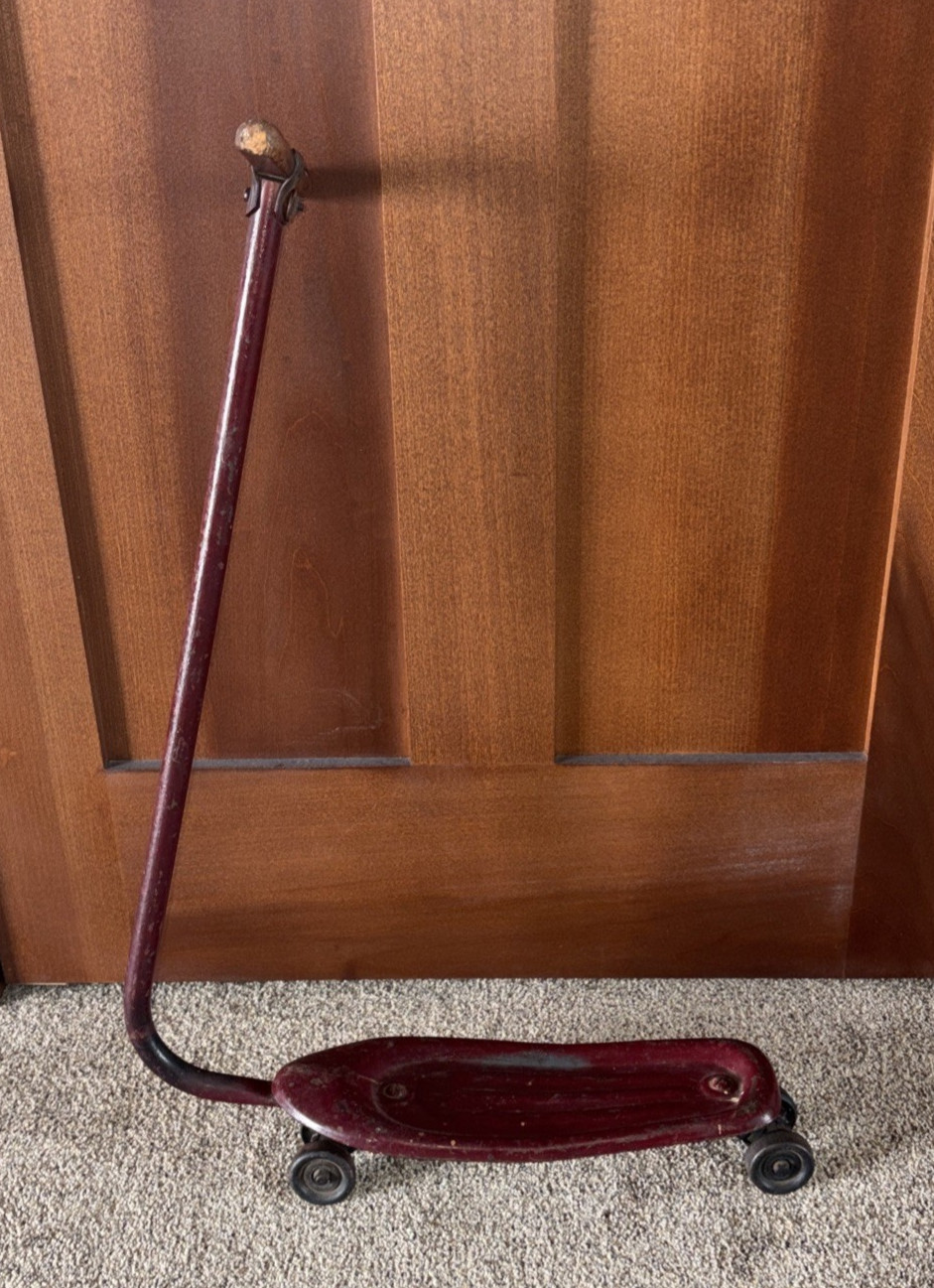 RARE Children\'s Antique Vintage Scooter Metal Deck / Frame w Wood Handles 1940\'s