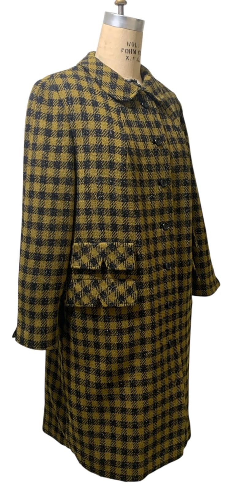 Vintage Late 60s Women\'s Black + Mustard Brown Mod Wool Check Car Coat - Sz L