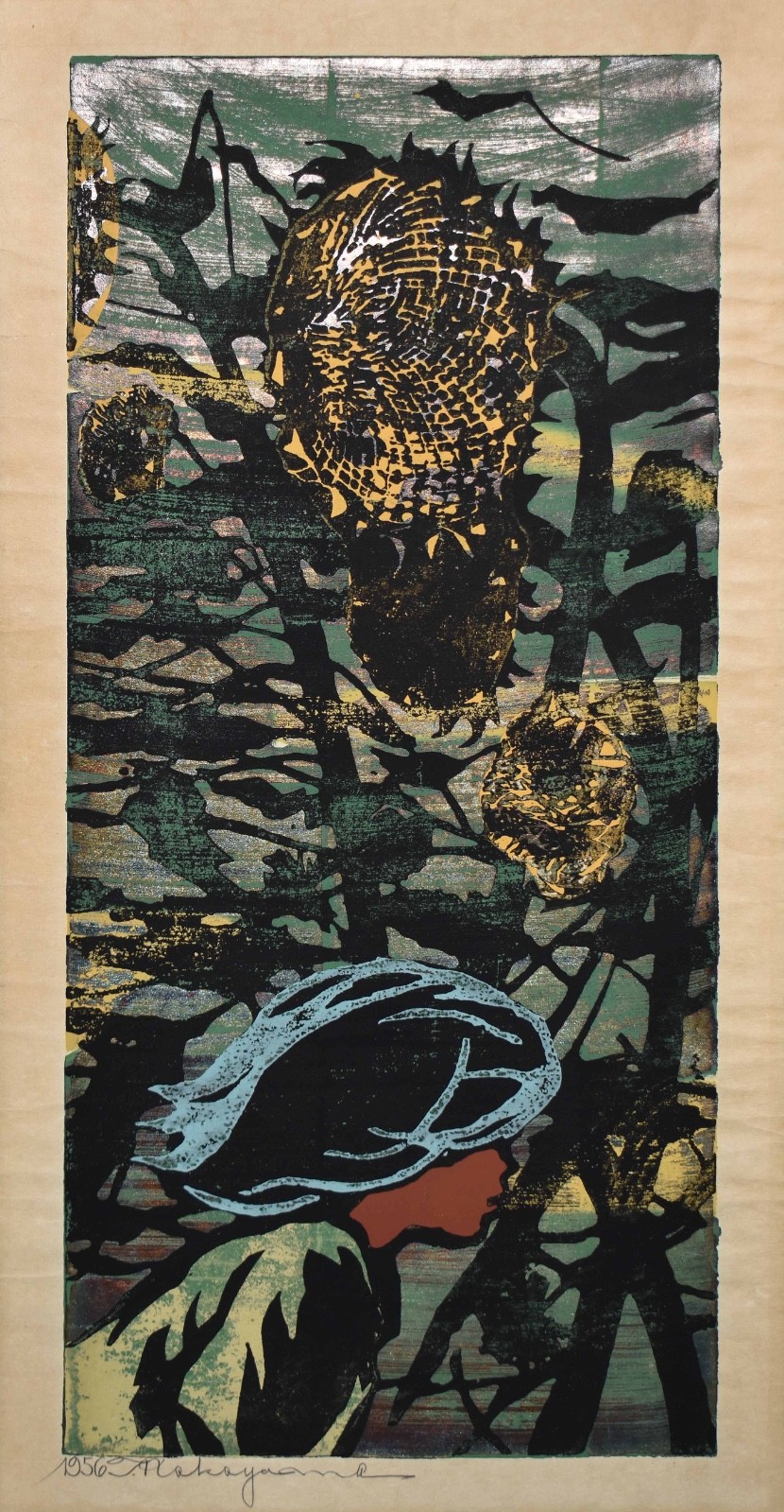Tadashi Nakayama Pencil Signed Japanese Woodblock-Girl in Sunflower Field, 1956