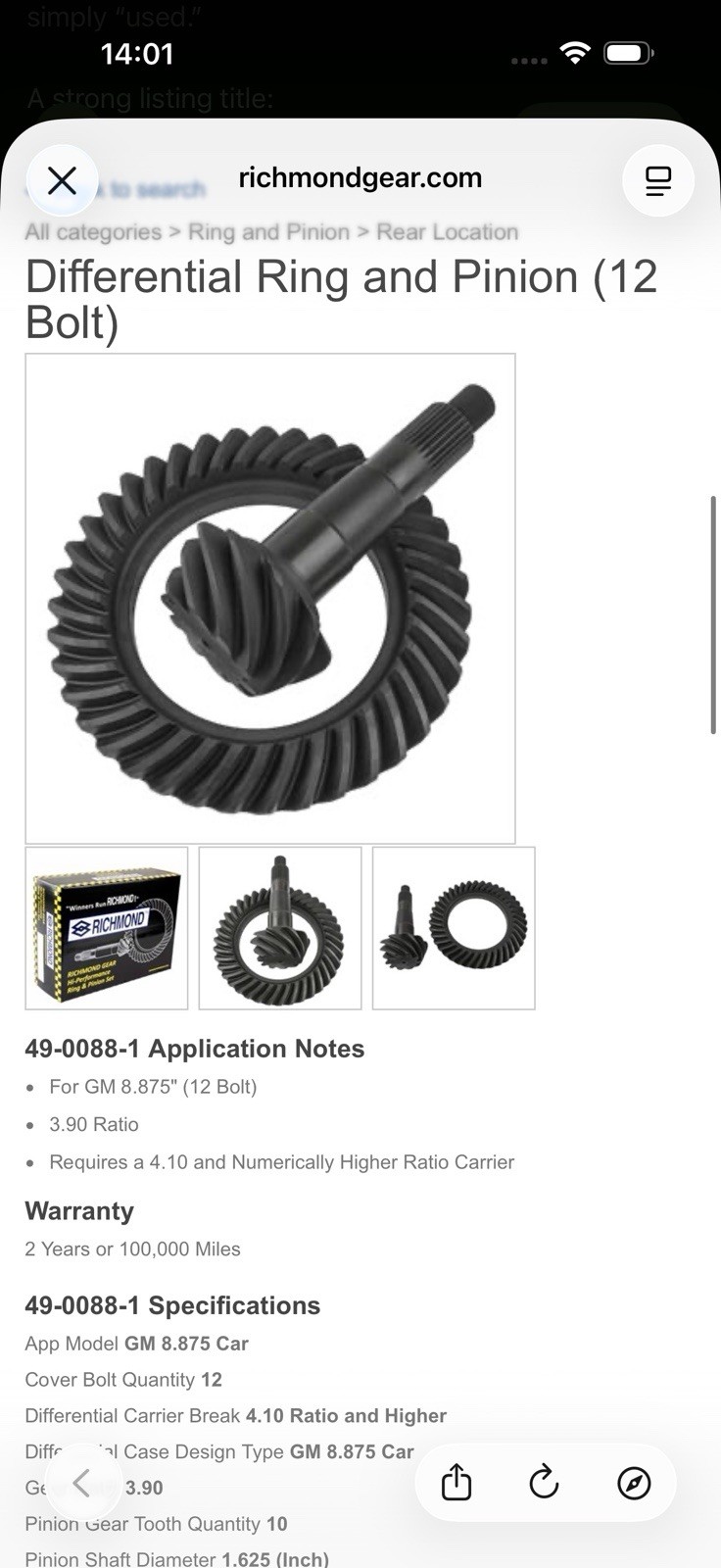 Richmond Gear GM 8.875 Differential Ring and Pinion Gear Set NOS