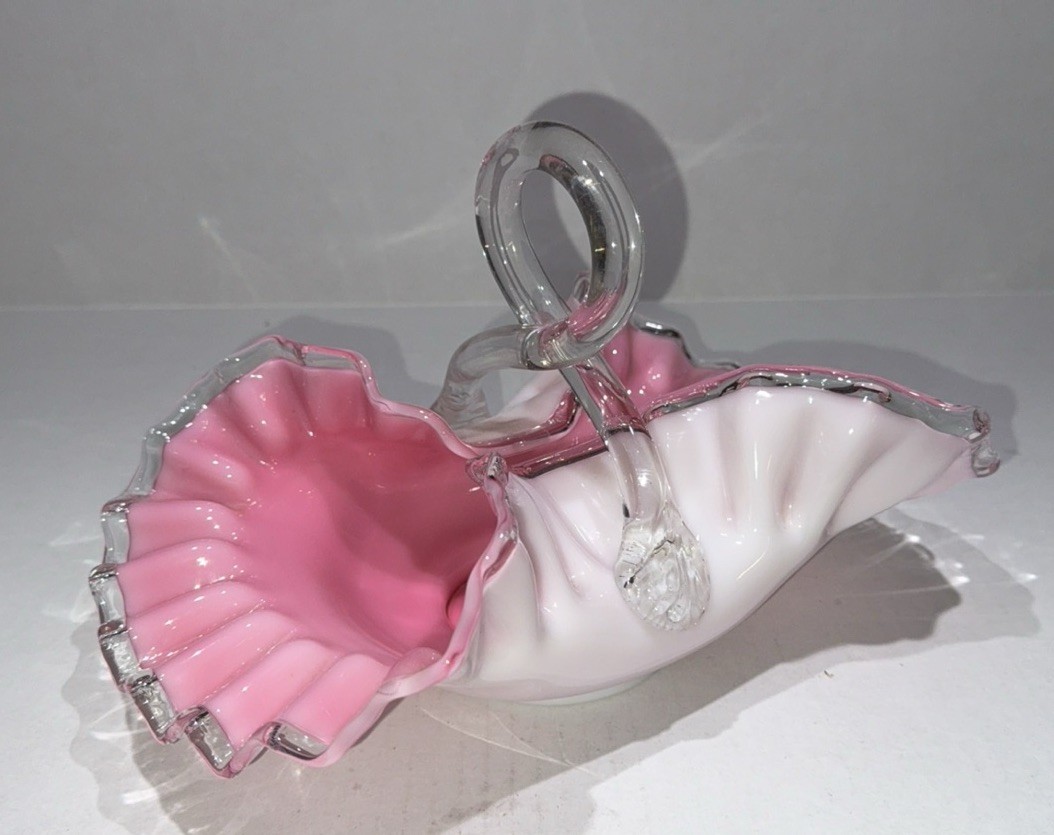 RARE 1 of Only 2 Made Fenton Whimsey Peach Crest Looped Handle 10” Basket 1940s RARE 1 of Only 2 Made Fenton Whimsey Peach Crest Looped Handle 10” Basket 1940s