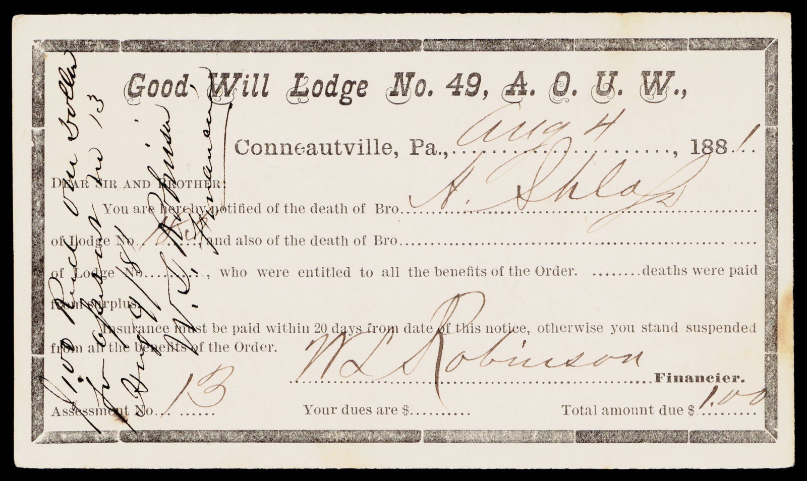 1880s Good Will Lodge No 49 AOUW Conneautville PA Victorian Death Notice Postcar 1880s Good Will Lodge No 49 AOUW Conneautville PA Victorian Death Notice Postcar