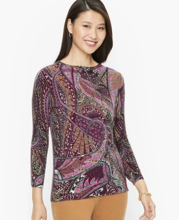 NWT Talbots Women’s Size XL Burgundy Paisley 100% Cashmere Pullover Sweater