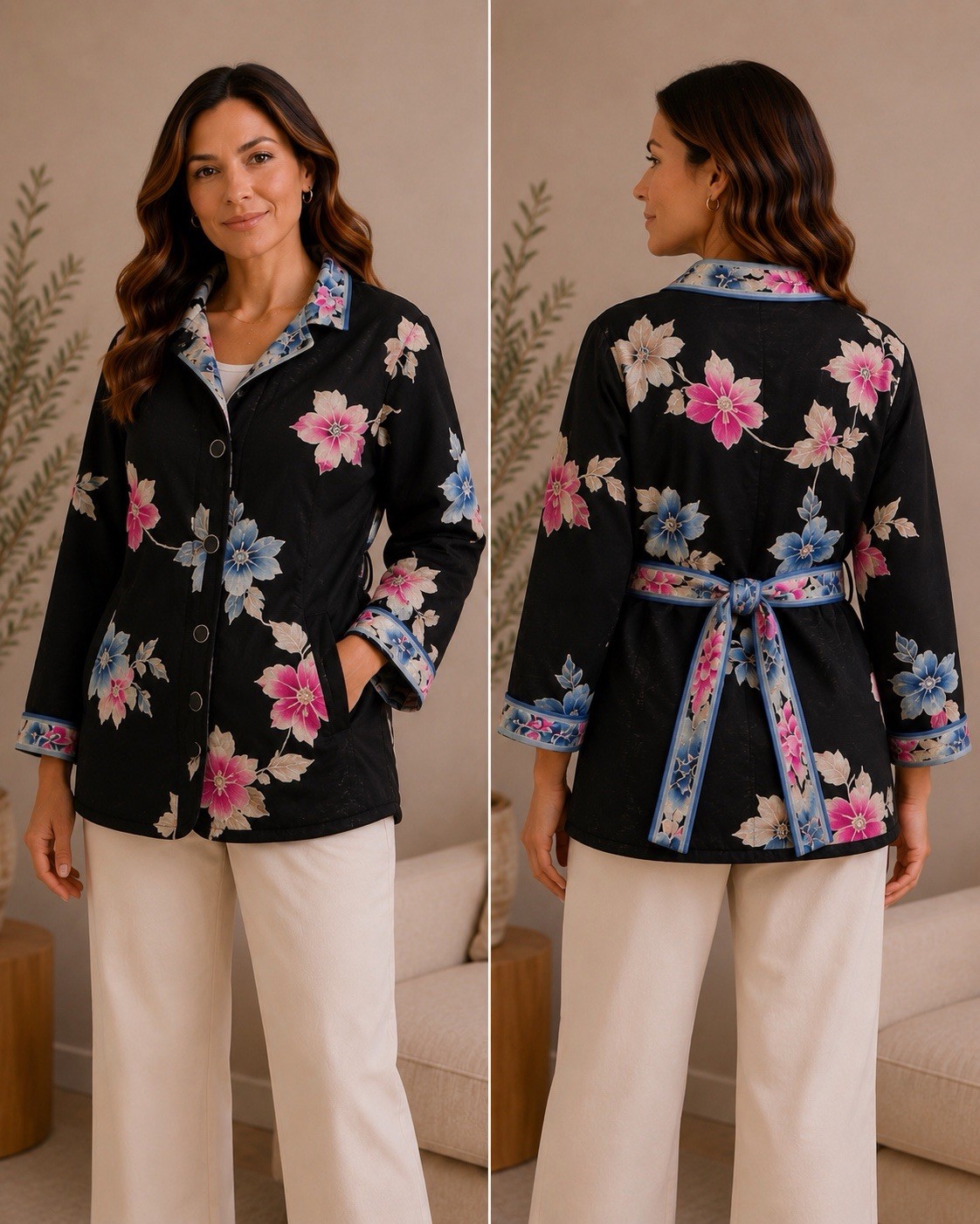 Leonard Paris Gorgeous Soft Reversible Black Floral Jacket With Belt US 8 FR42 Leonard Paris Gorgeous Soft Reversible Black Floral Jacket With Belt US 8 FR42