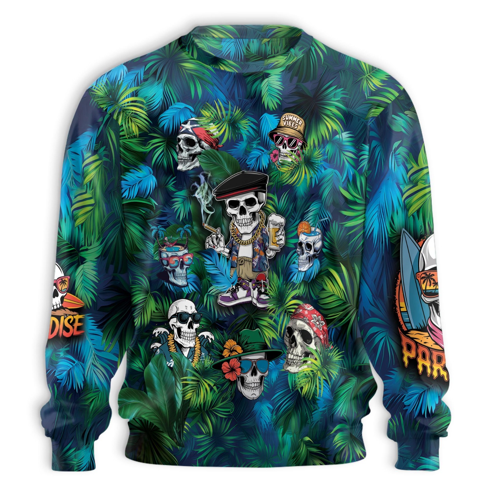 Skull Palm Leaf Summer Sweatshirt All Over Print Beach Surfing Design