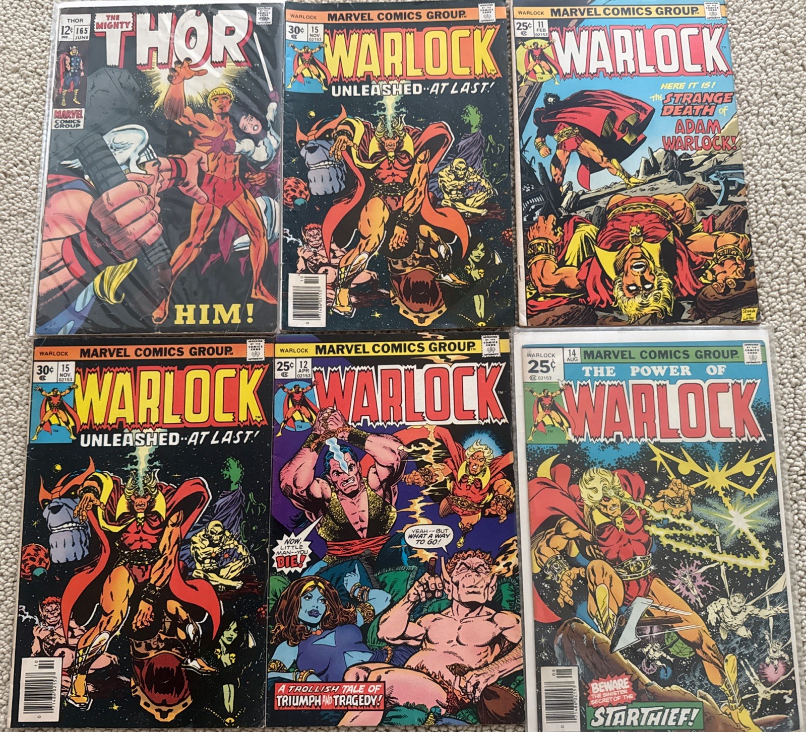 6 Vintage THOR & Warlock Comics W/ #165 1st Appearance of Him 11, 12, 14 & 2x 15