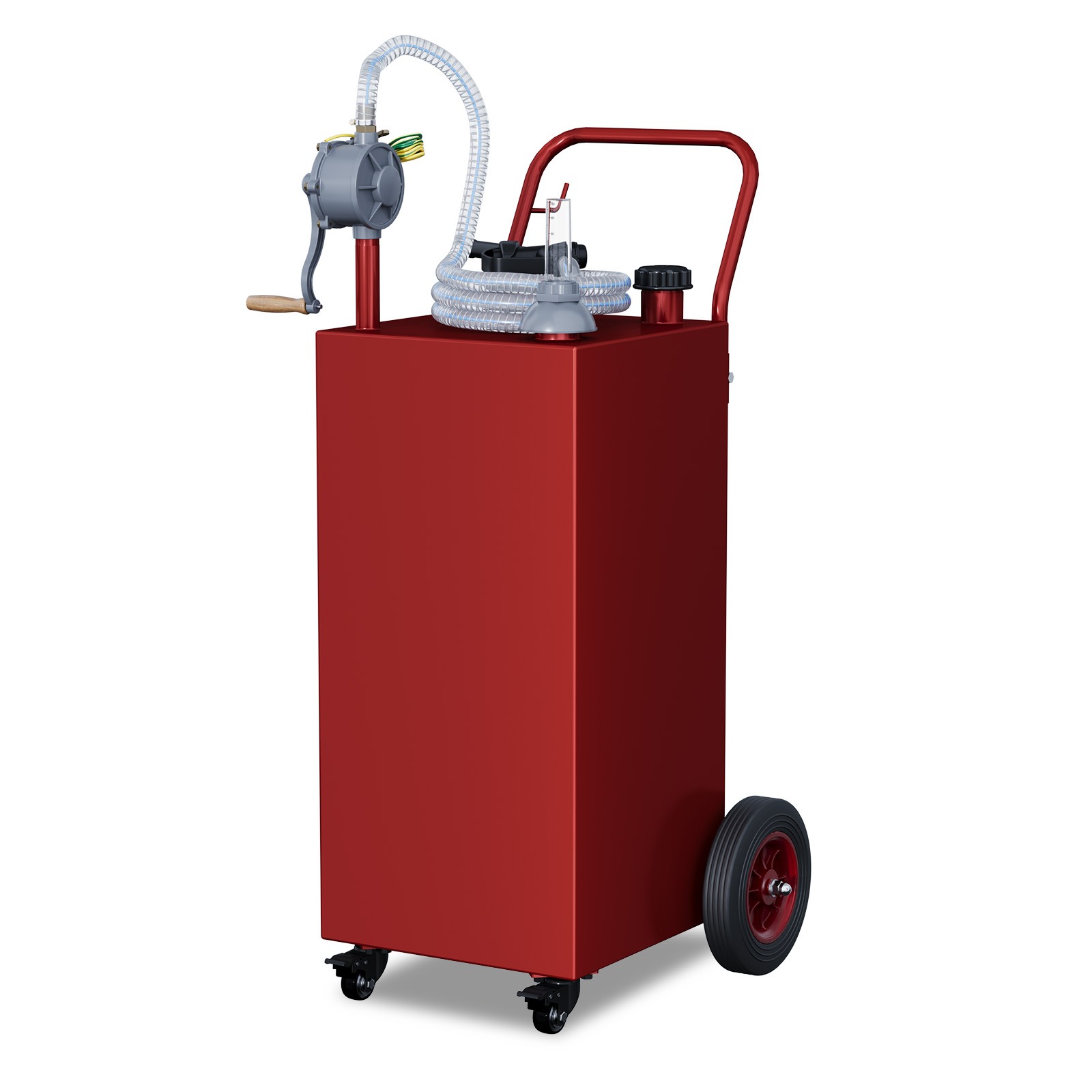 35 Gallon Fuel Caddy Portable Fuel Tank Manual Pump Meter 4 Wheel 9.8 FT Hose