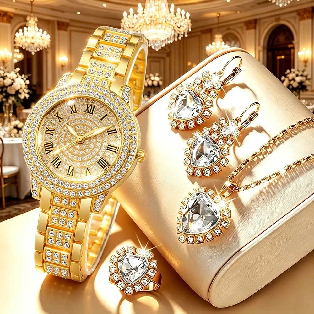 Womens Gold Watch Jewelry Set Rhinestone Quartz Wristwatch Necklace Earrings 5pc