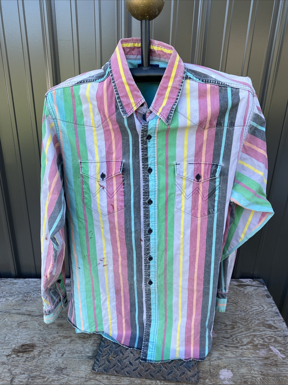 Vtg Wrangler Brushpopper Western Shirt Size 17x37 XL, Distressed Paint Spots Vtg Wrangler Brushpopper Western Shirt Size 17x37 XL, Distressed Paint Spots