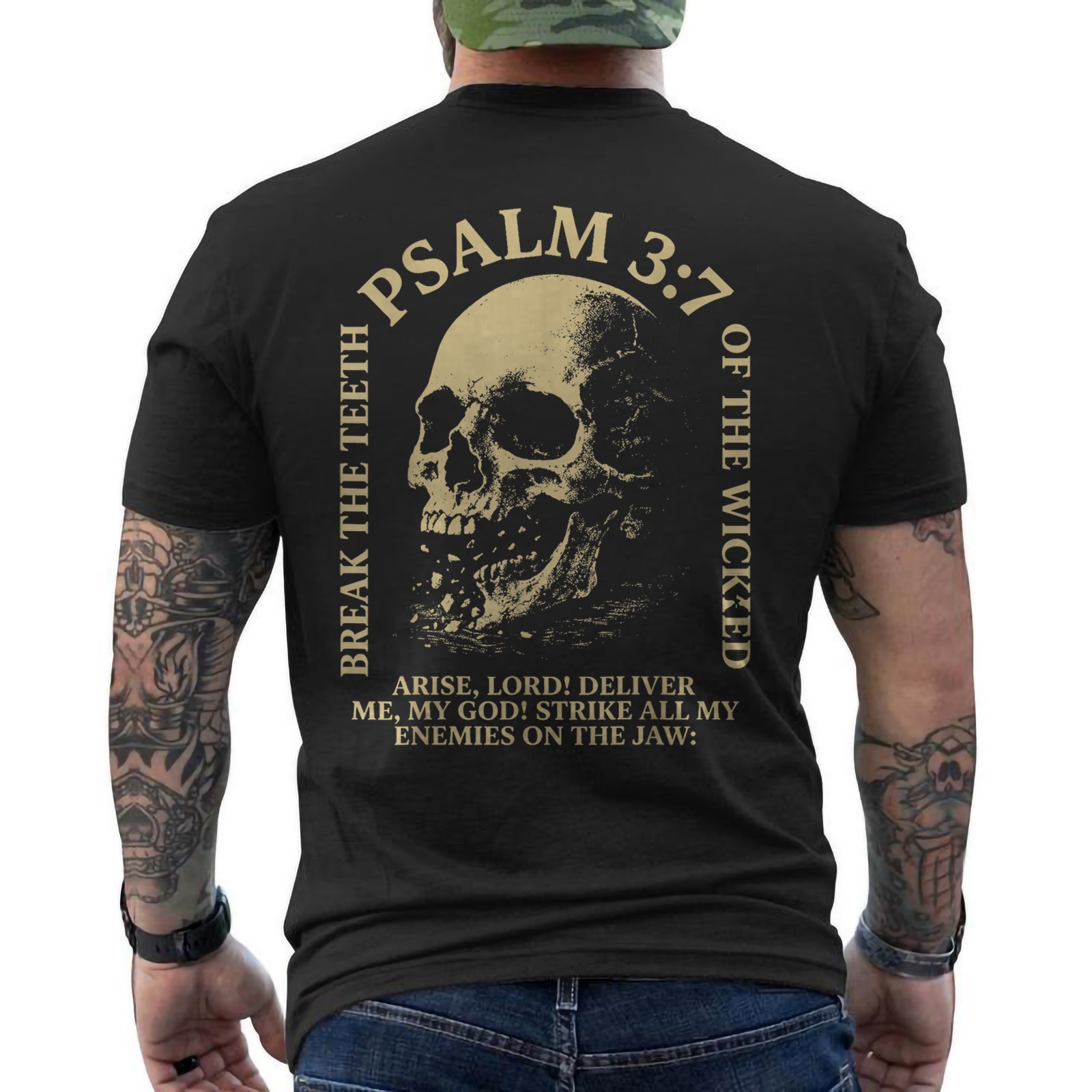Psalm 3:7 Vintage Skull Christian Religious Bible Verse ON BACK T-Shirt