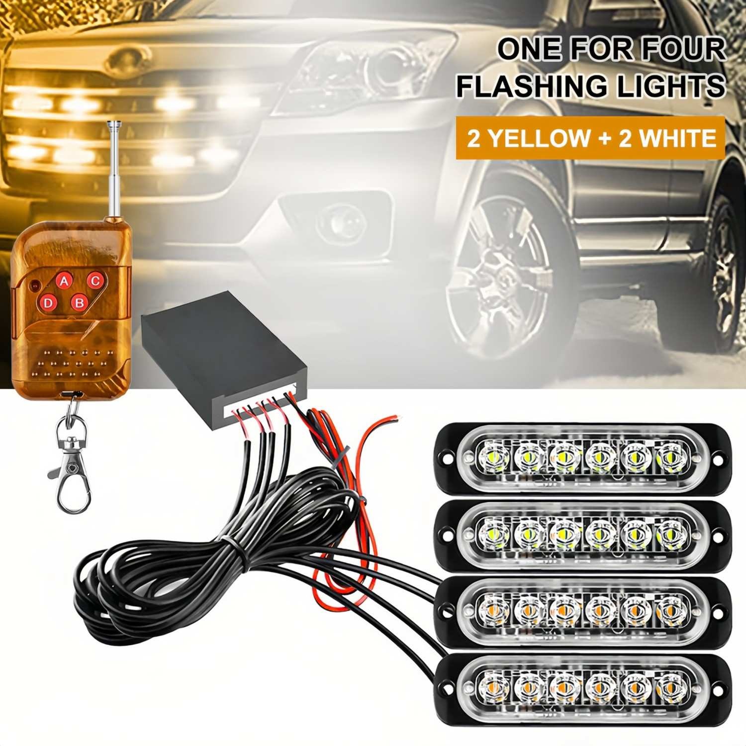 4PCS LED Strobe lights 12V Amber White Car Truck Emergency Hazard Warning Lights