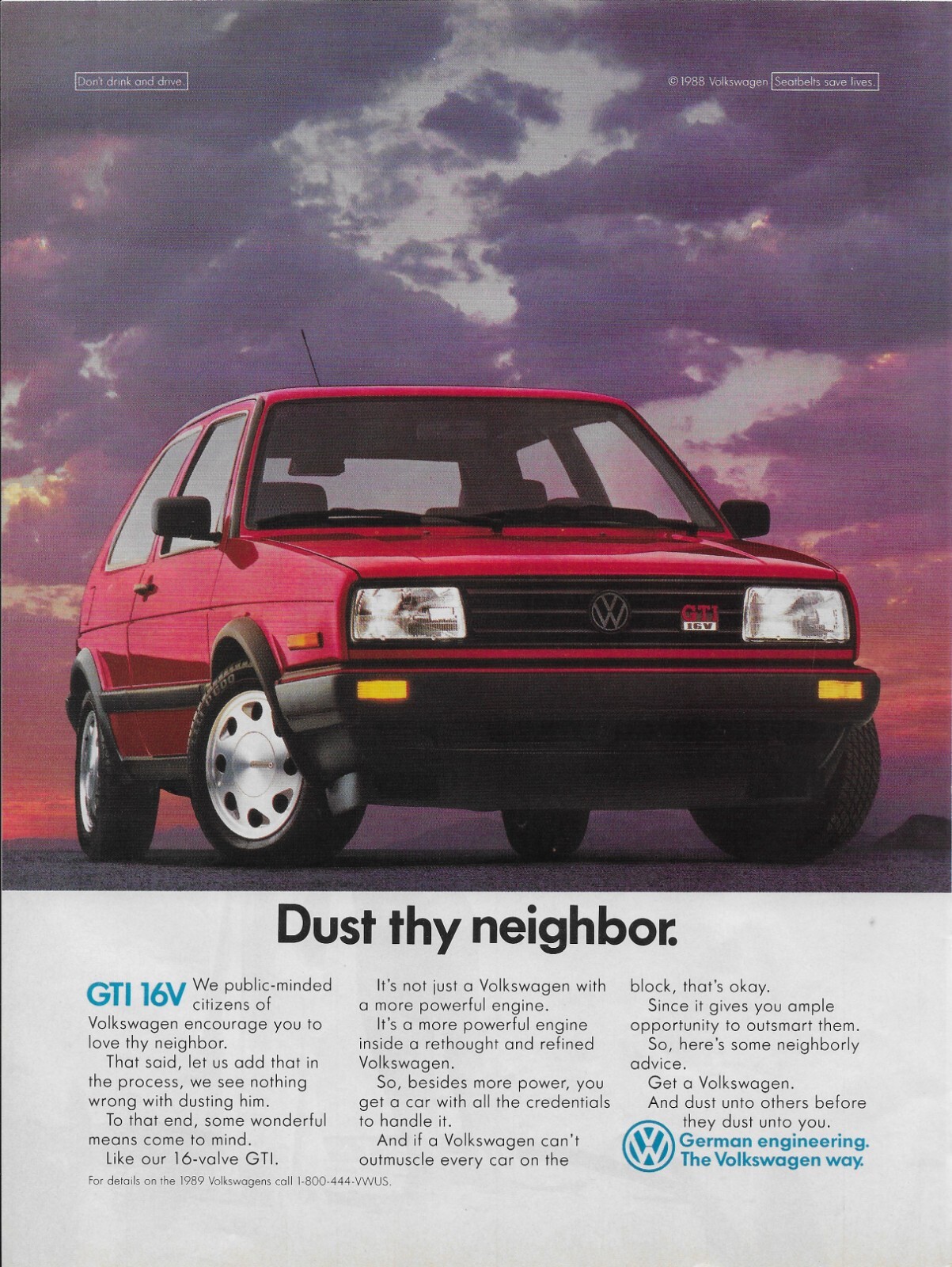 1989 Volkswagen VW GTI Red Dust Thy Neighbor 16 Valve Sunset Vintage Print Ad 1989 Volkswagen VW GTI Red Dust Thy Neighbor 16 Valve Sunset Vintage Print Ad
