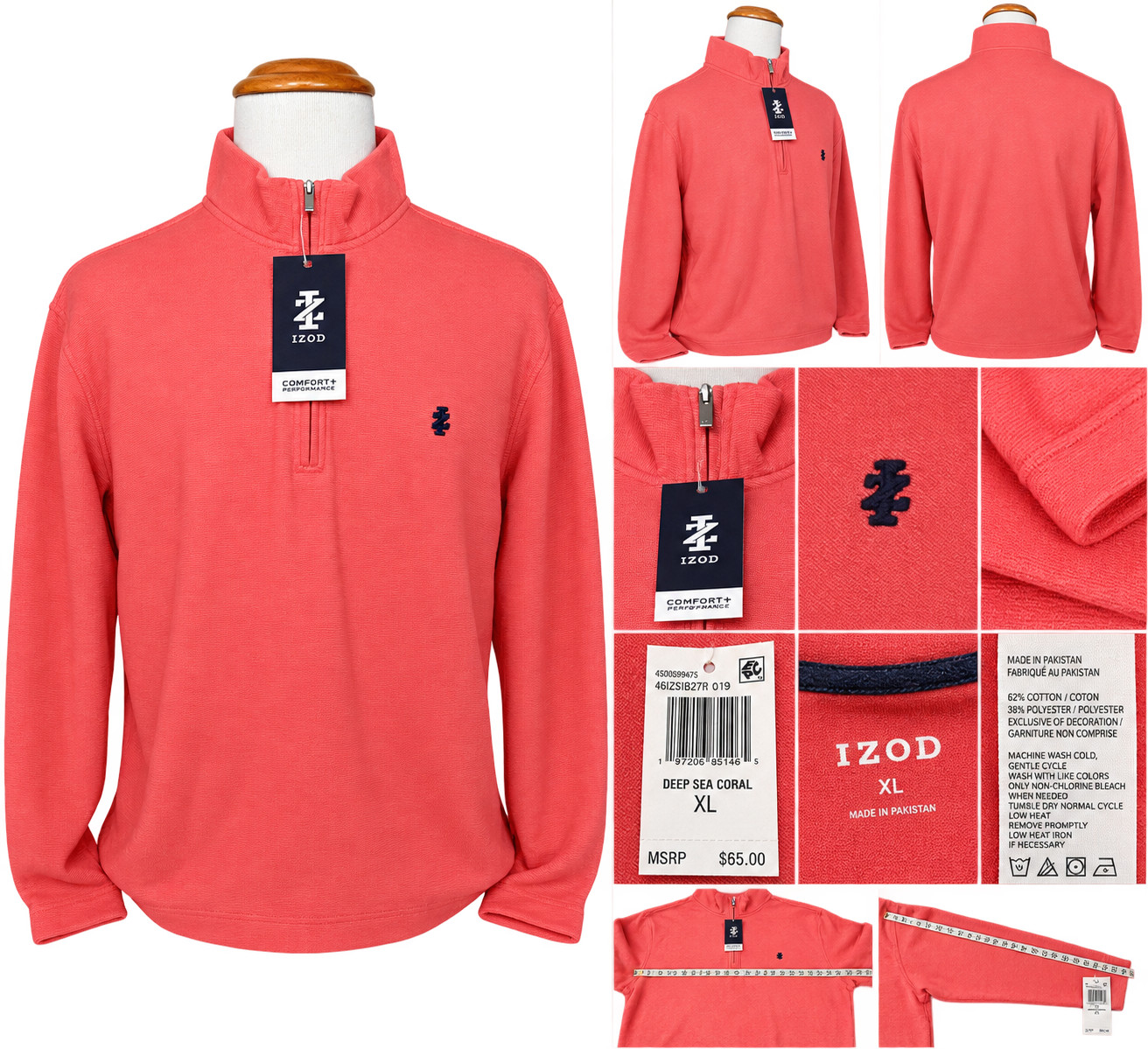 IZOD Mens XL Quarter Zip Pullover Deep Sea Coral Comfort Performance NWT