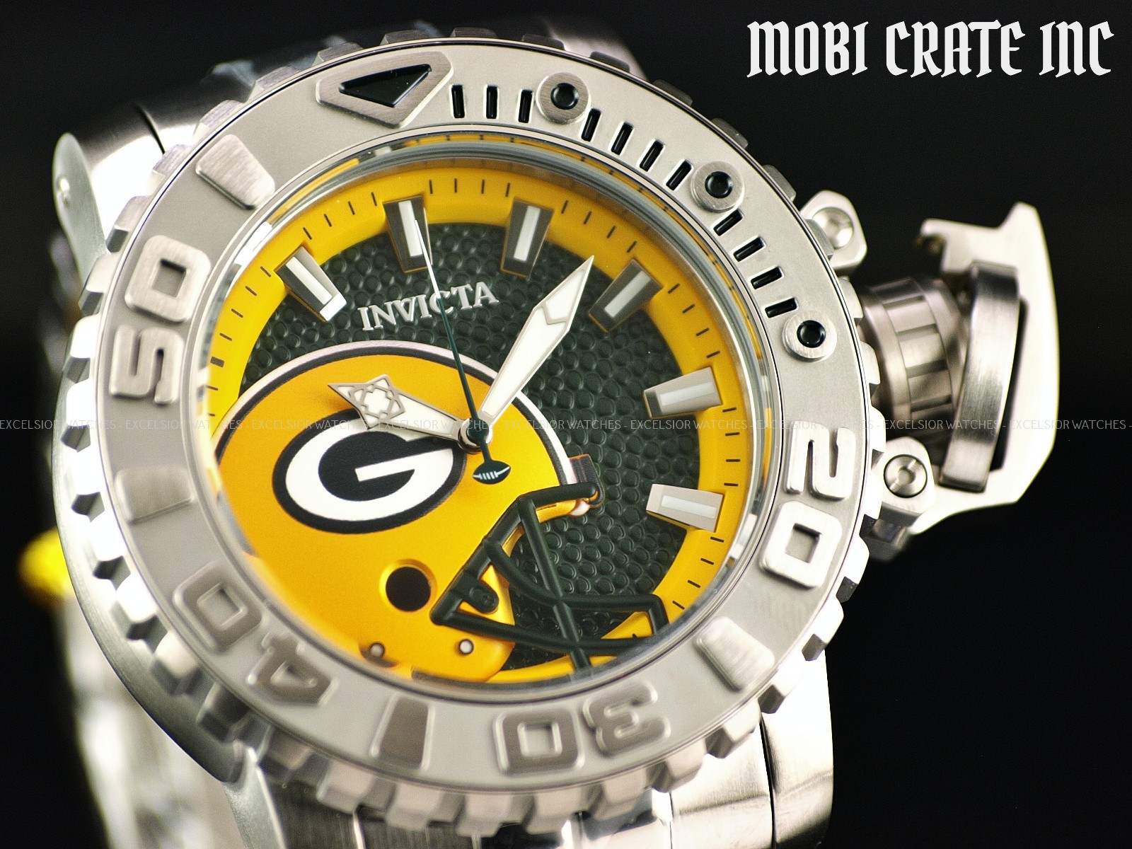 New Invicta 58mm Sea Hunter NFL Green Bay Packers Automatic Men\'s SS Watch RARE