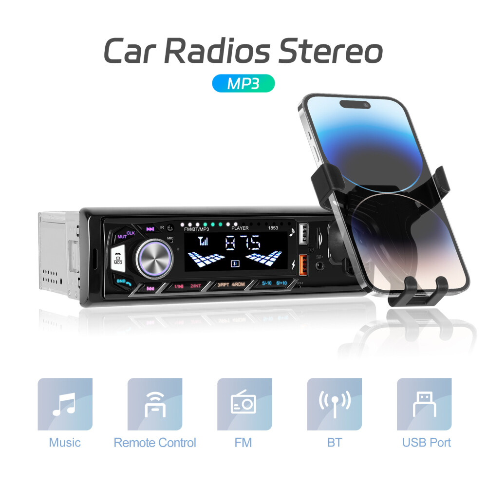 Single 1DIN Car Radio Stereo Bluetooth FM/USB/AUX Audio In-dash W/Phone Holder