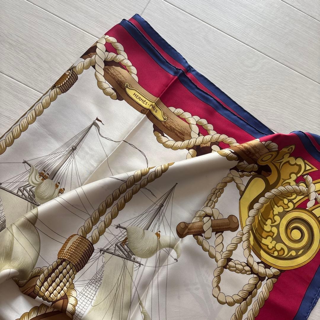 Hermes Carre 90 Silk Scarf Tribord Sailing Ship Motif Navy Excellent Hermes Carre 90 Silk Scarf Tribord Sailing Ship Motif Navy Excellent