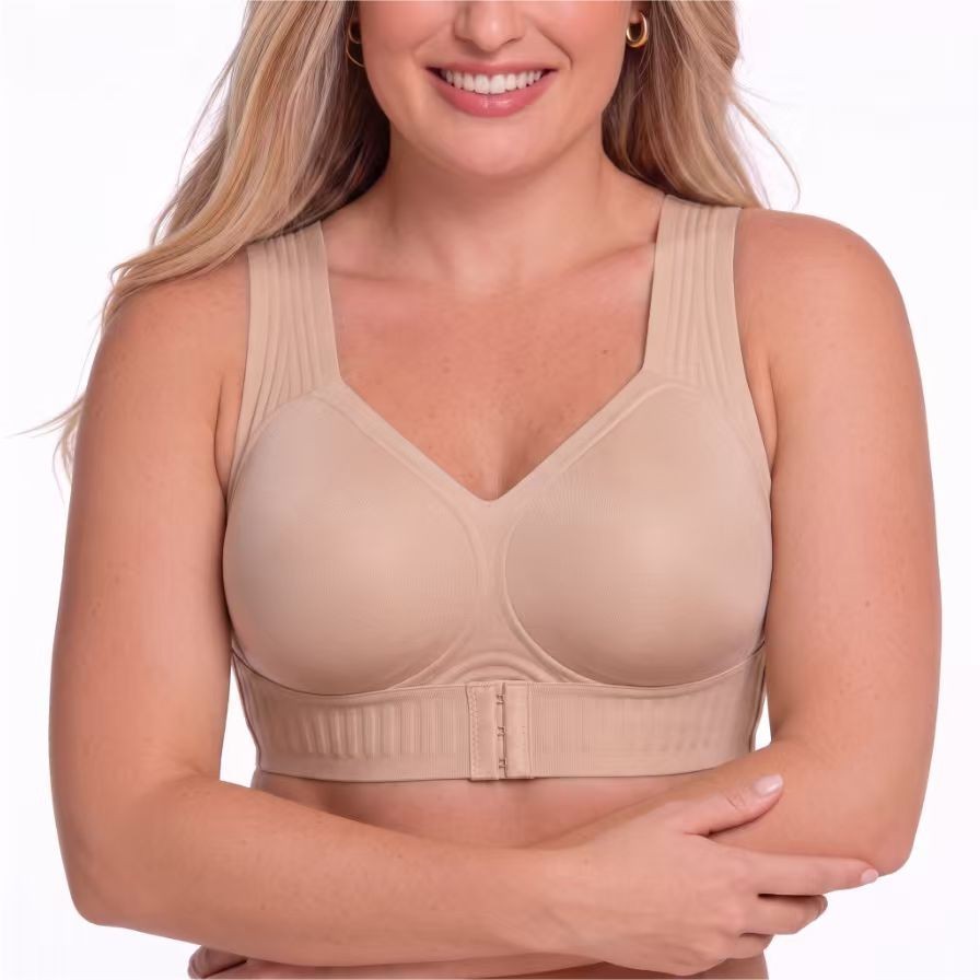Wireless Posture Support Bra, Front Closure Full Coverage X-Back Comfort ~ Nude