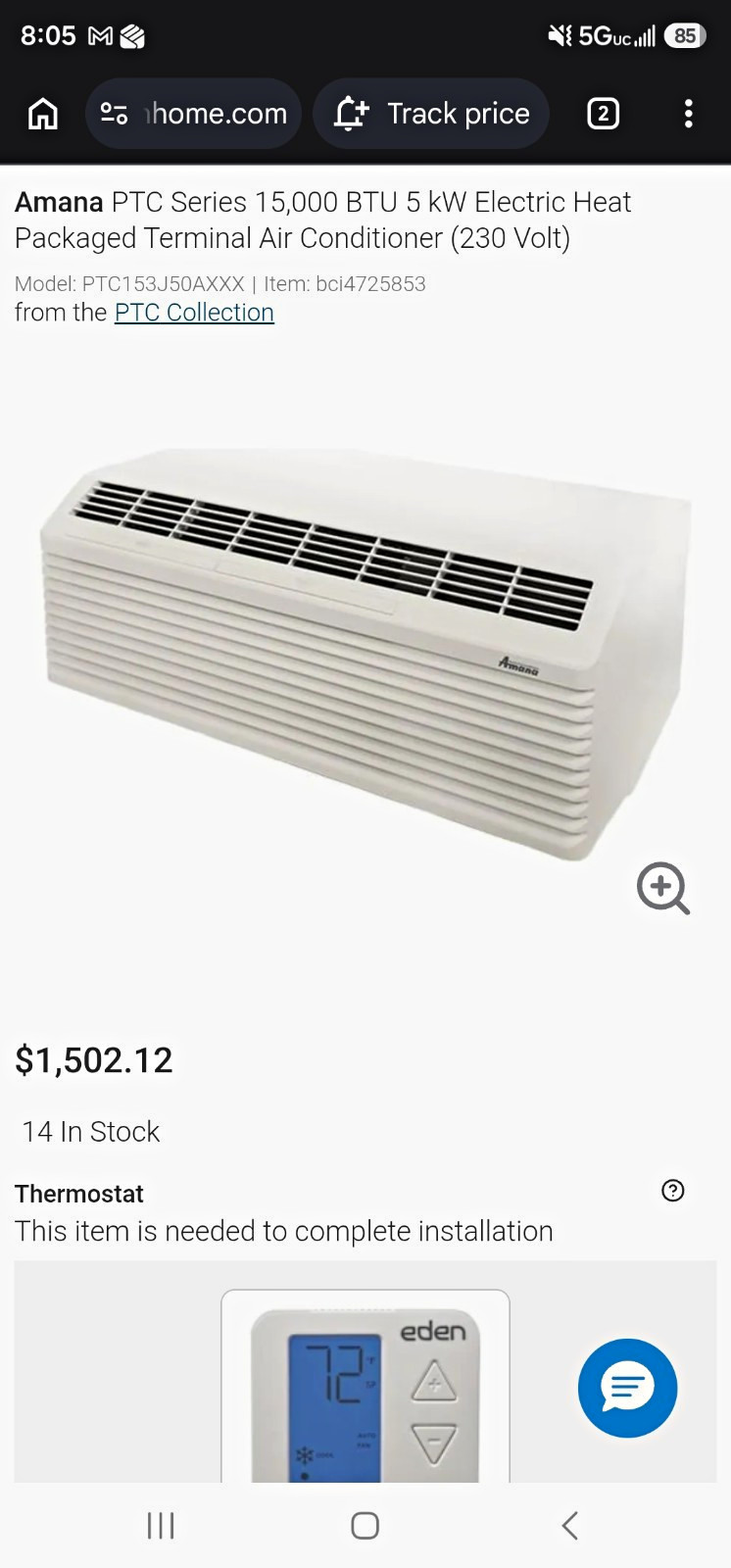 Amana 15000 BTU 230V PTAC Quiet Bluetooth R-32 White PTC153J50AXXX Amana 15000 BTU 230V PTAC Quiet Bluetooth R-32 White PTC153J50AXXX