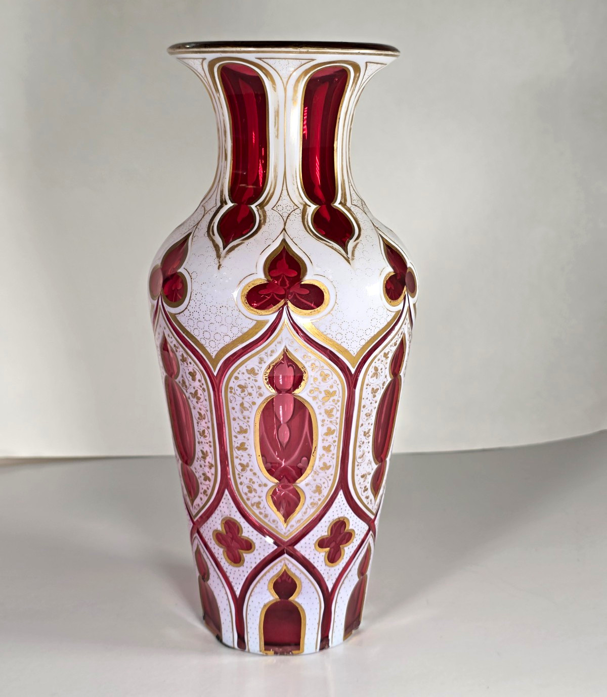 Large Ruby Antique Bohemian Glass Moser Cranberry Overlay Vase 14.25\ Large Ruby Antique Bohemian Glass Moser Cranberry Overlay Vase 14.25\