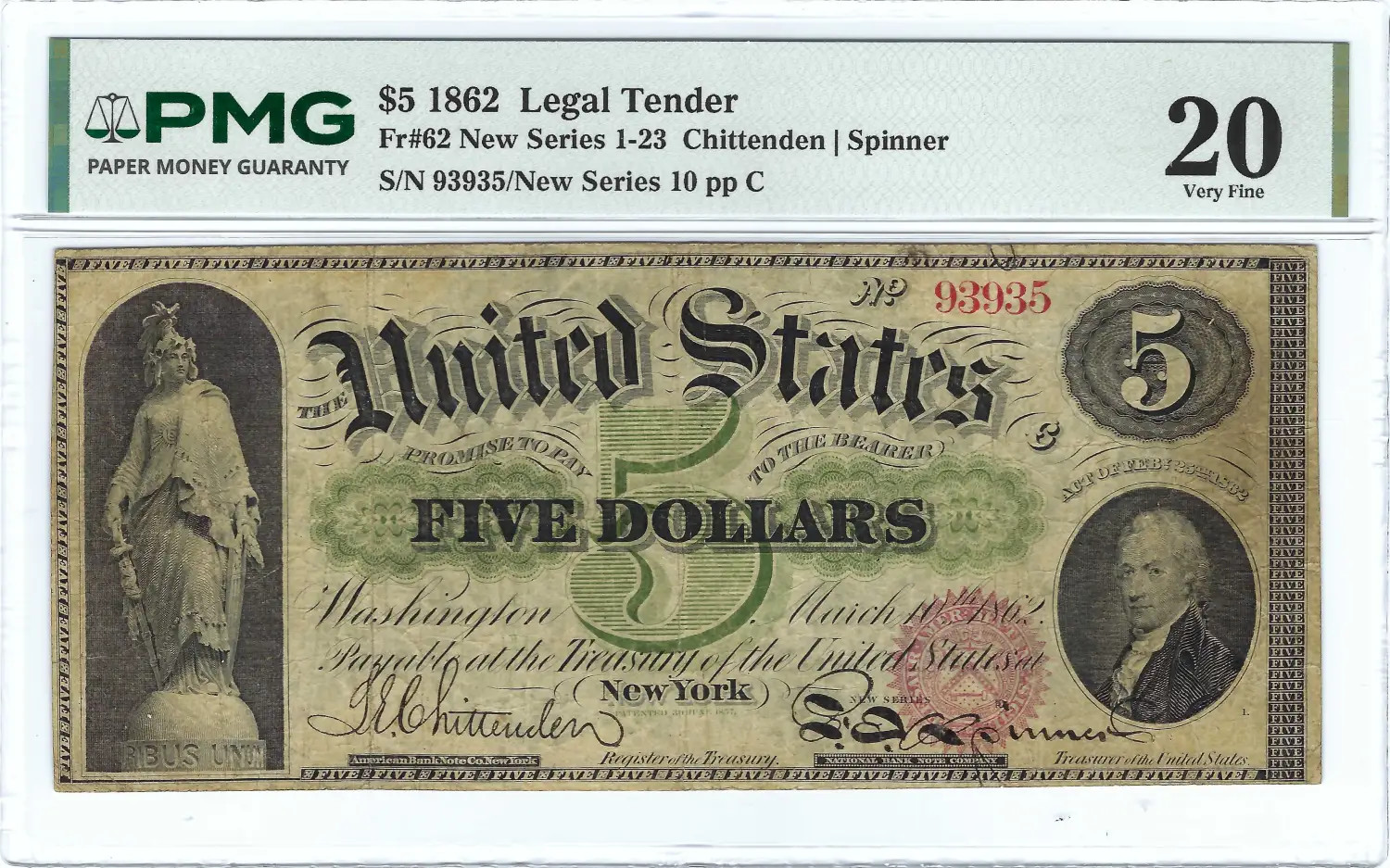 1862 $5 Type 1 Legal Tender Note, PMG VF20 1862 $5 Type 1 Legal Tender Note, PMG VF20