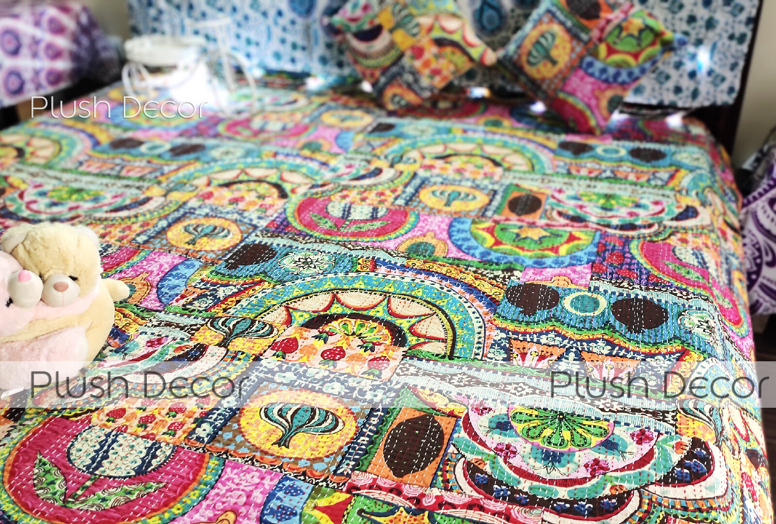 Reversible Queen Kantha Quilt Boho Blanket Throw Bedspread Indian Bedding Cover 