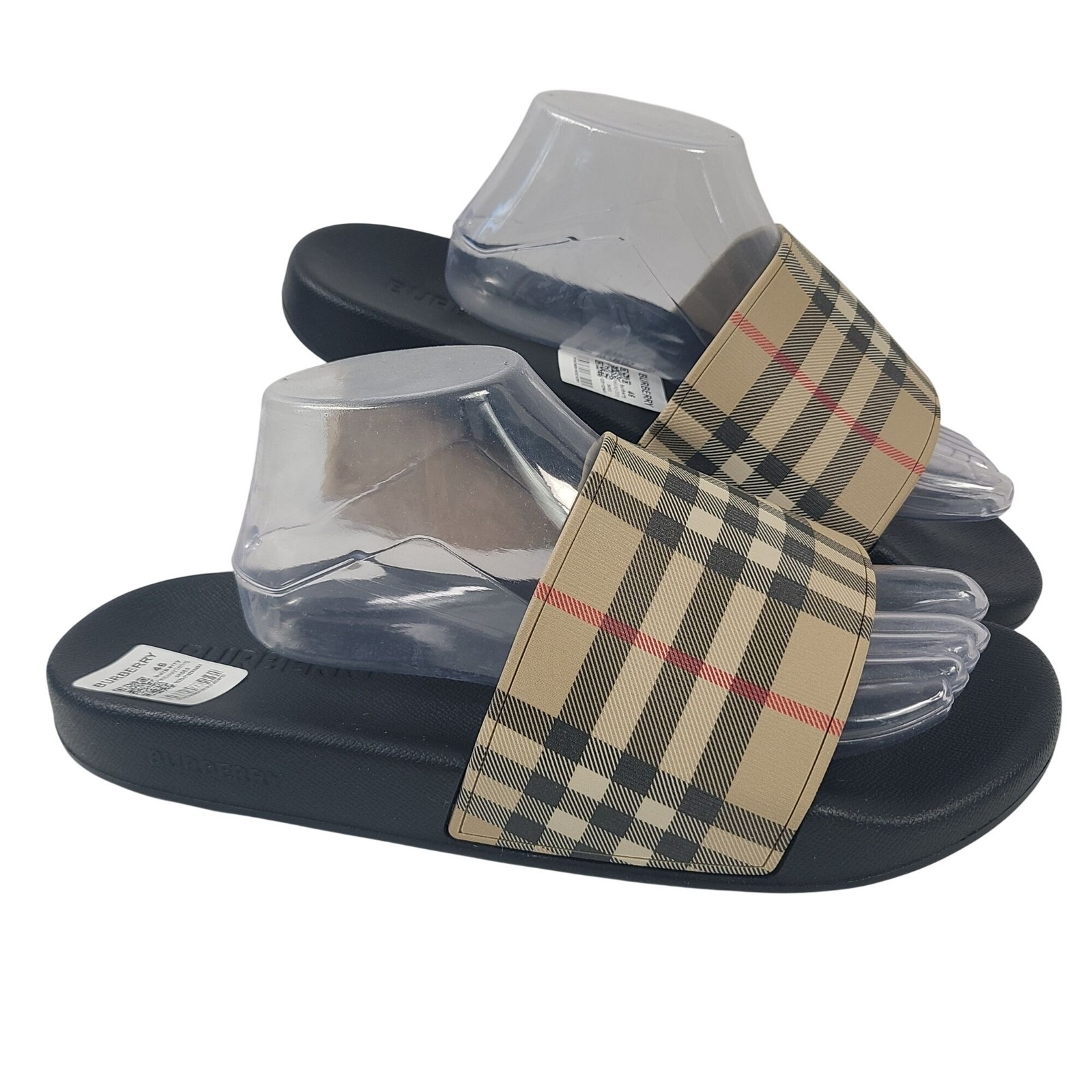 NEW Burberry Men\'s Check Slide Sandals Size 46 US 13 Beige & Black Plaid