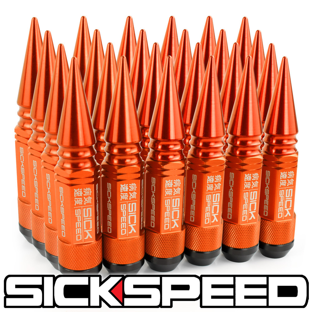 SICKSPEED 24 PC ORANGE SPIKED ALUMINUM EXTENDED 3 PC LUG NUTS 9/16-18