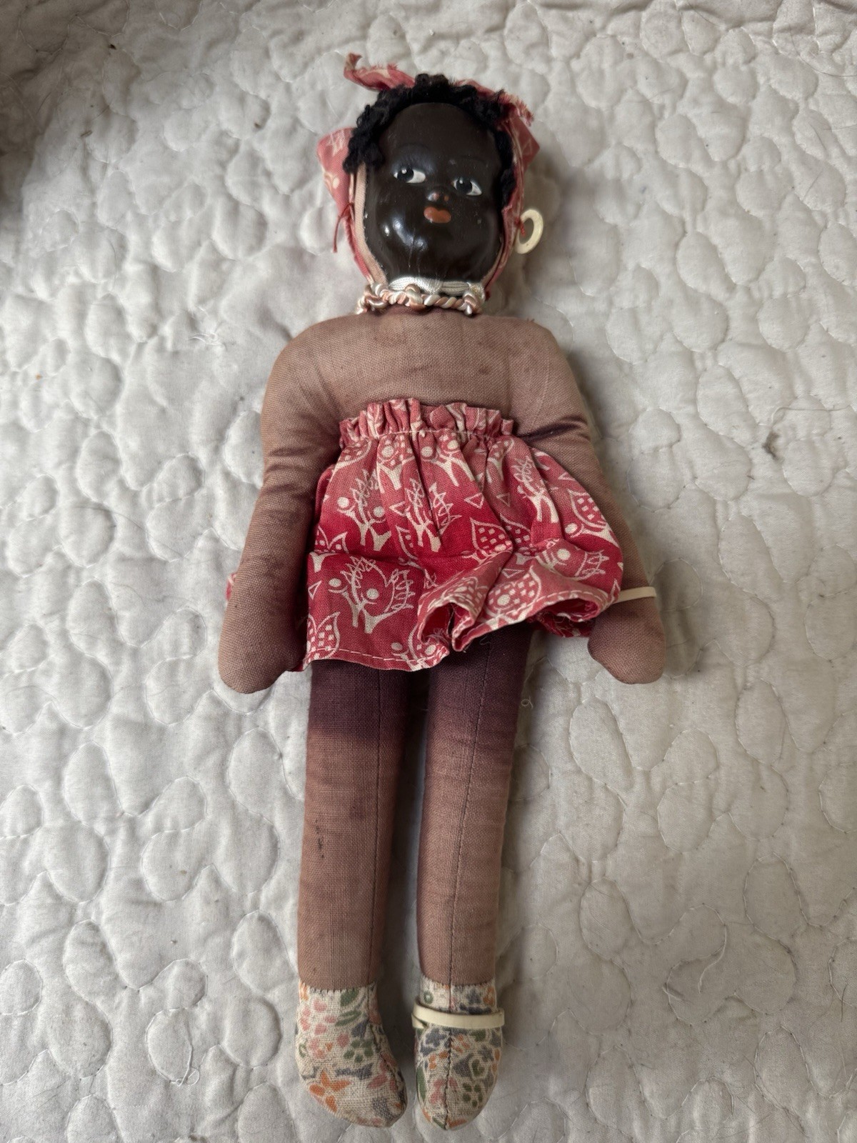 Vintage African Folk Art Cloth Doll Composition Face Sawdust Stuffed Red Dress