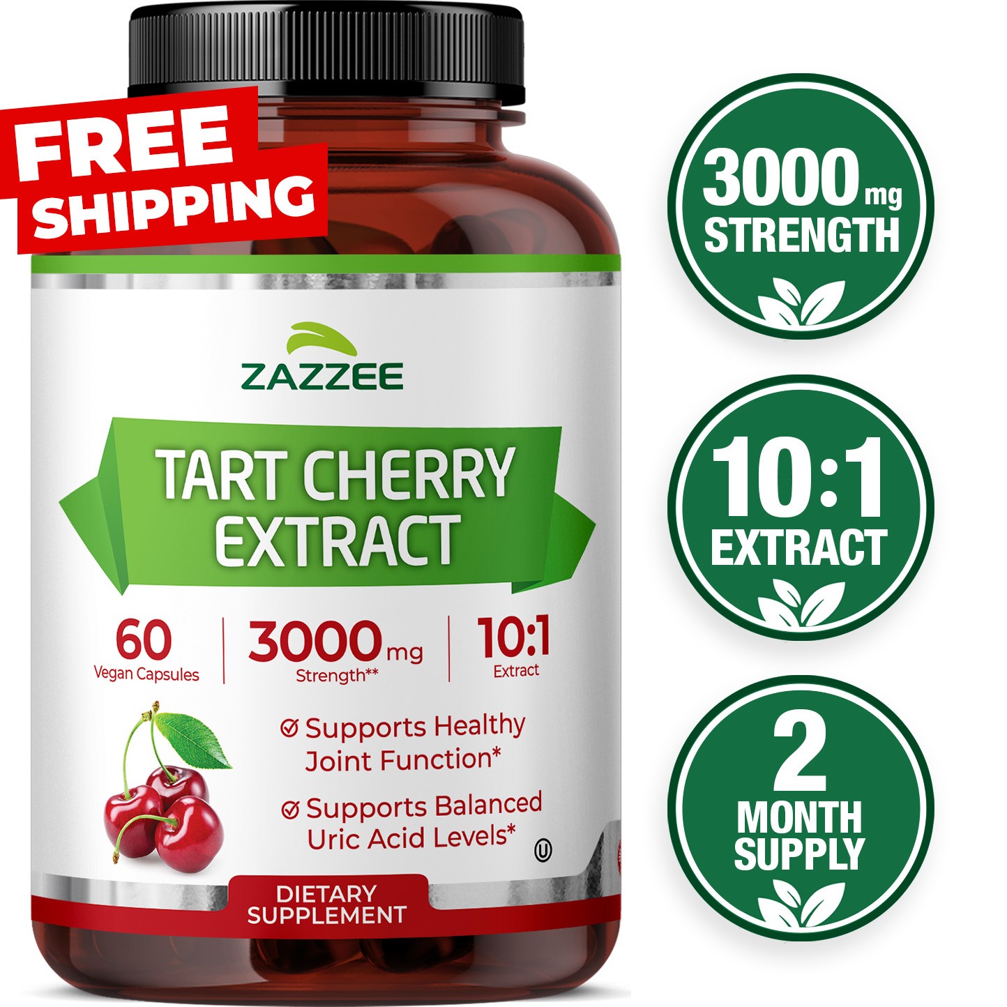 Zazzee Tart Cherry 10:1 Extract, 3000 mg Strength, 60 Vegan Capsules, Kosher