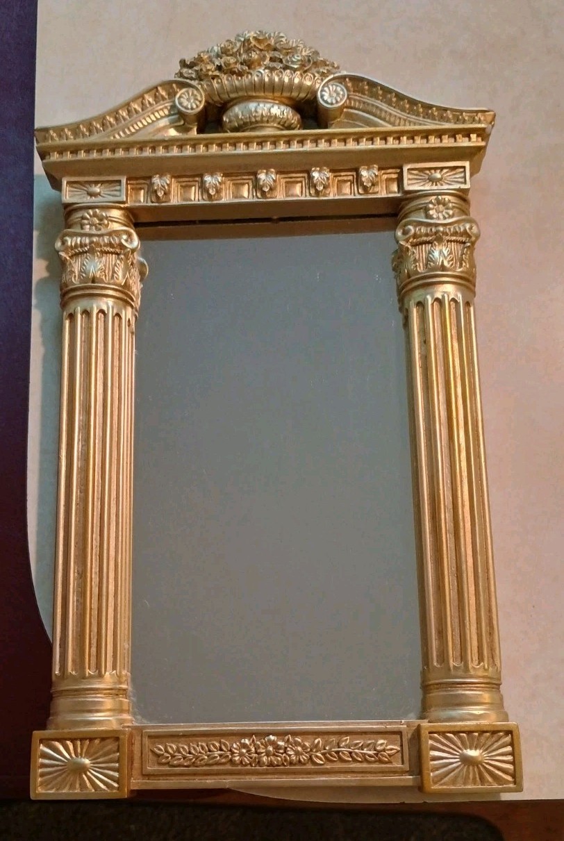 Vtg Wall Easel Mirror in Frame Columns Ornate Gold Tone Egyptian Greek Revival Vtg Wall Easel Mirror in Frame Columns Ornate Gold Tone Egyptian Greek Revival