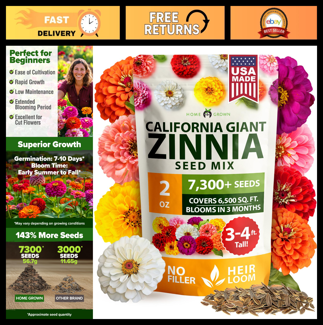 Zinnia Seeds California Giant Mix - 7,300+ Bulk Wildflower Seeds for Pollinator