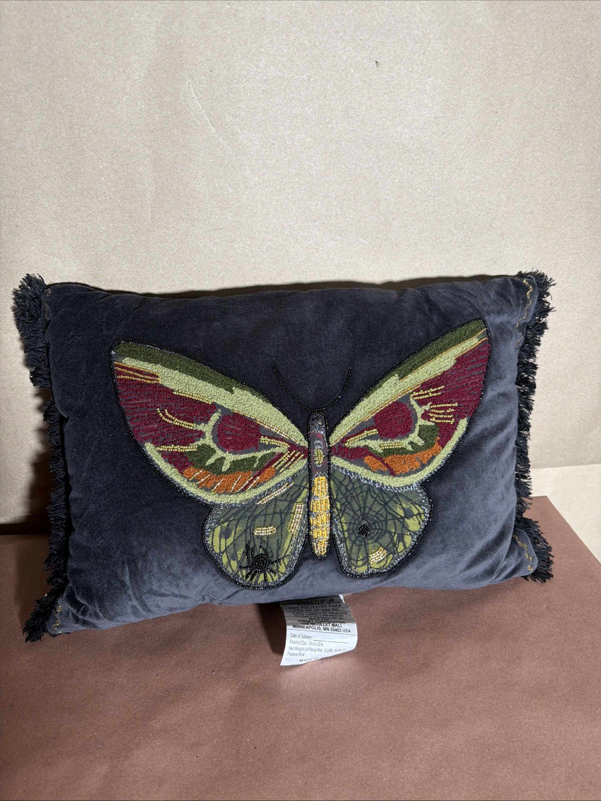 black velvet beaded butterfly throw pillow new without tags