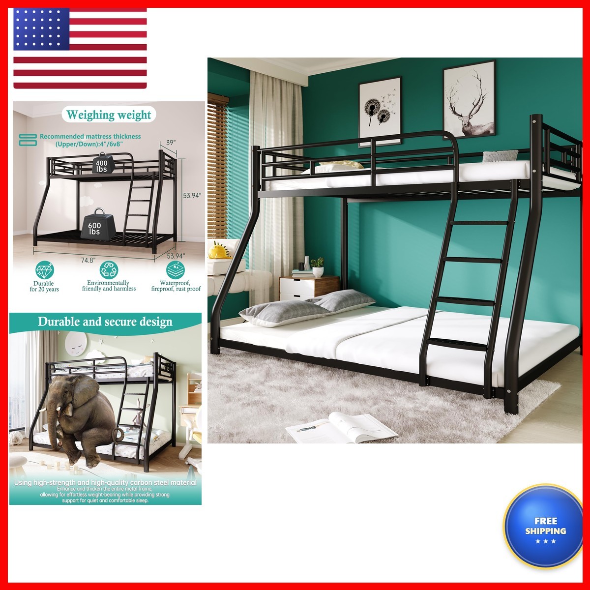 Erosoei Metal Twin Over Full Bunk BedBunk Beds Twin Over Full Size Removable